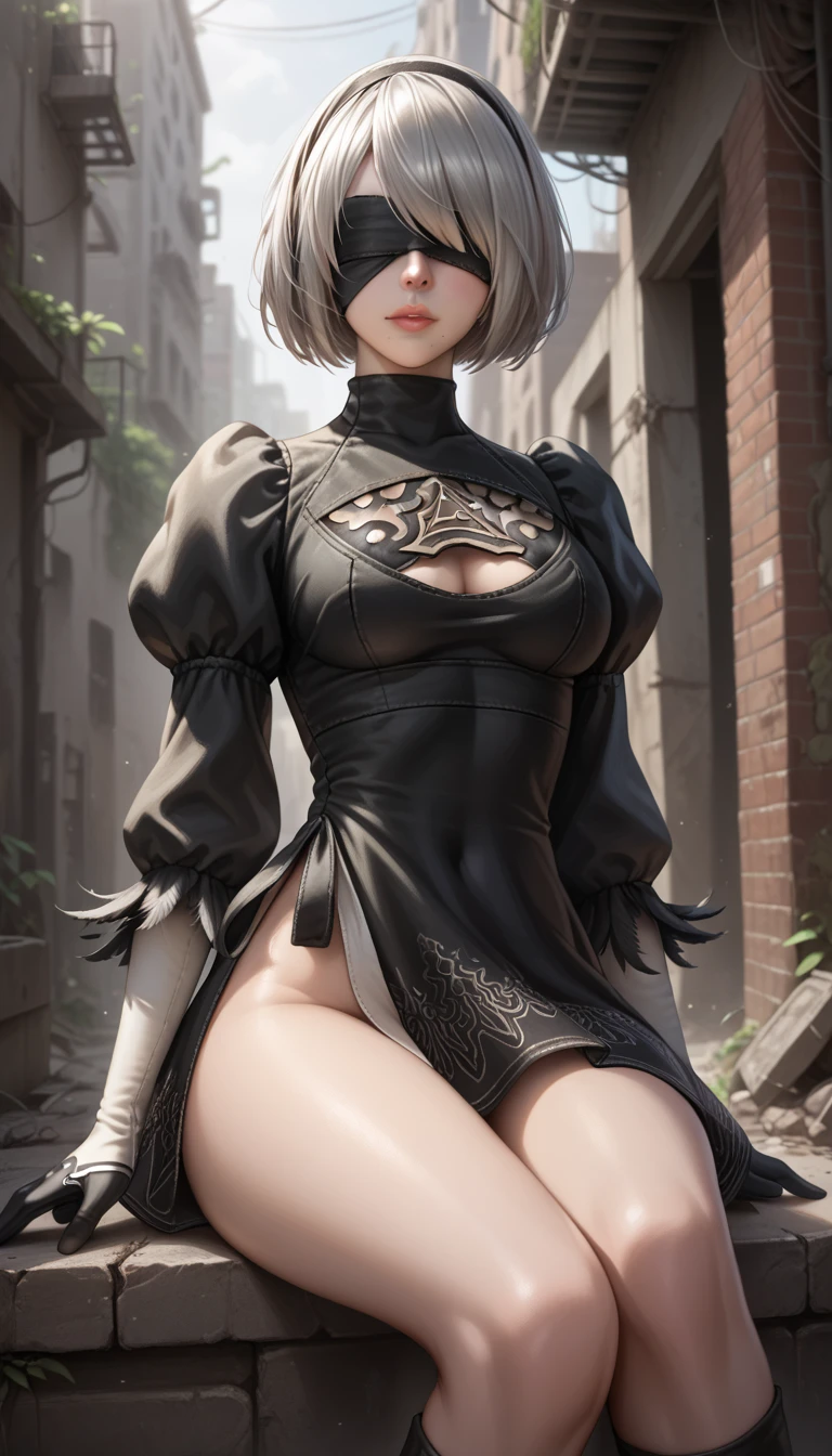 masterpiece,  Kampala,  anatomically correct, 最high quality,  High Details ,  high definition models,  very detailed , high quality,  ultra-fine,  textured skin, Realistic Skin, 
1 female,  Inspired by NieR:Automata 2B,
 bob cut, Gray Hair, bangs,  Mole, Blindfold,
2B Dress,  Cleave Cut Out , skirt,   thighs in a dark alley ,  textured skin, Realistic Skin, 
ruins,
Sitting,