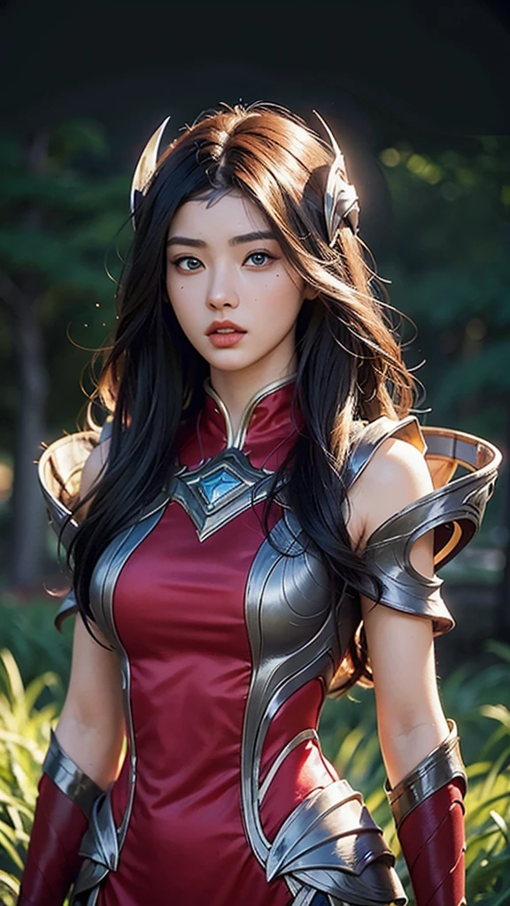 a beautiful young girl, irelia from league of legends, extremely detailed face and eyes, detailed skin texture, detailed hair, detailed clothing, photorealistic, intricate detail, cinematic lighting, epic fantasy, warm color palette, high resolution, 8k, masterpiece