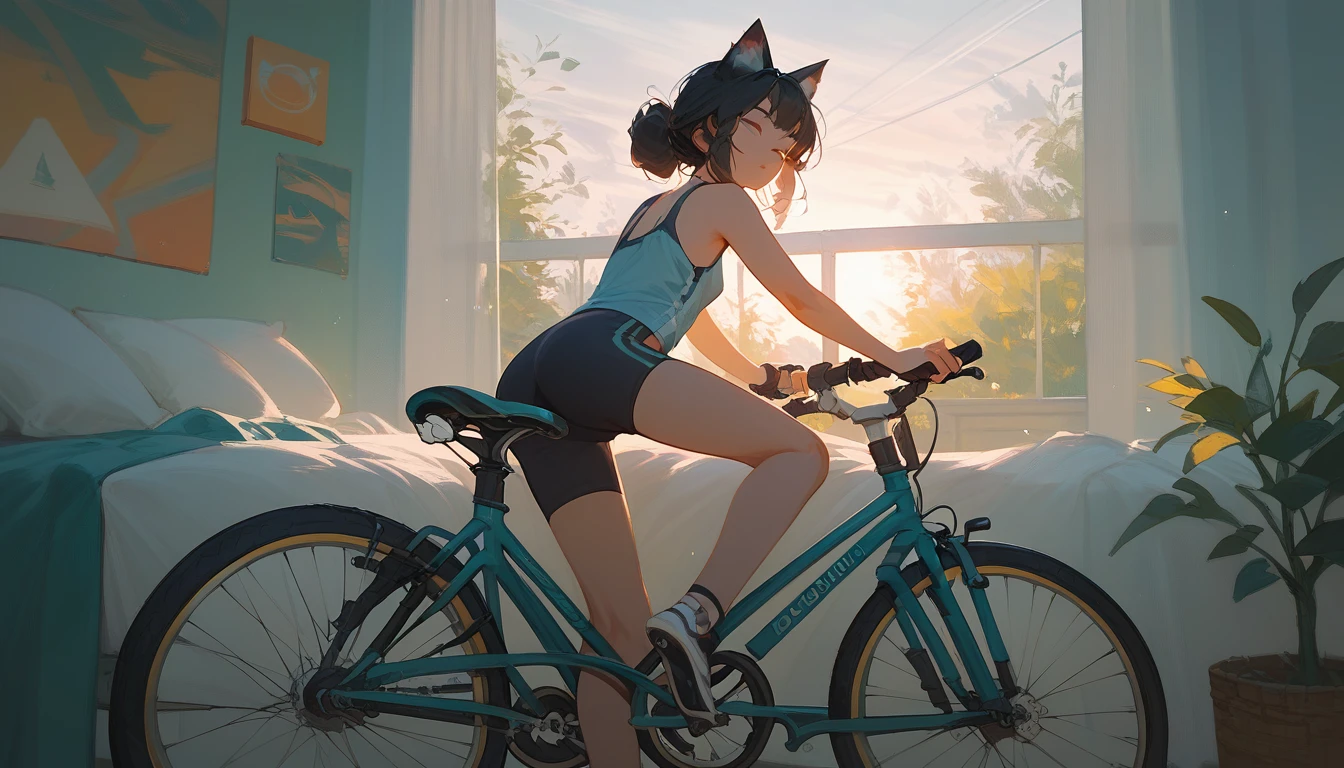 best quality, 1 girl,Cat ears,morning,Coastal,bicycle,the way