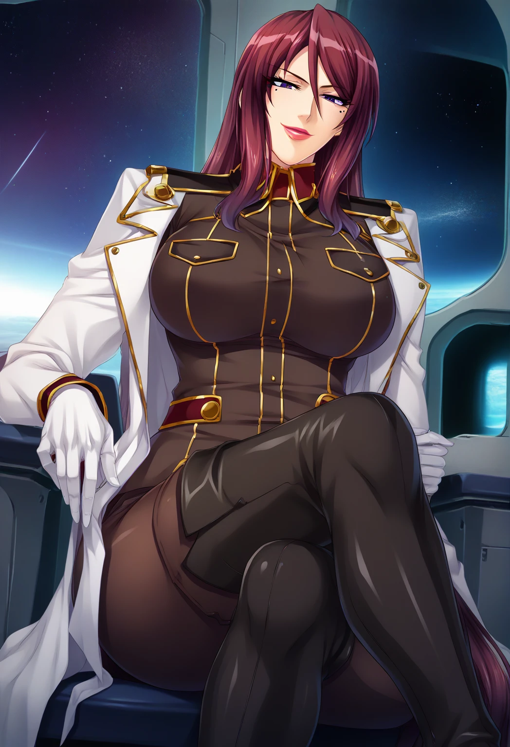 score_9, score_8_up, score_7_up, score_6_up, uncensored,  BREAK,
Kila Kushan, cowboy shot,  Beatrice Kushan, mature female, 1girl,
long hair, purple eyes, lipstick, lips, mole under eye
military uniform, brown pants, thigh boots, white gloves, white coat,
1girl solo,looking at viewer, red hair, long hair, lips, violet eyes, 
military uniform,curvy, large breasts, thighs, indoors, windows, space,  stars, spaceship, sitting, chair, horny smile,