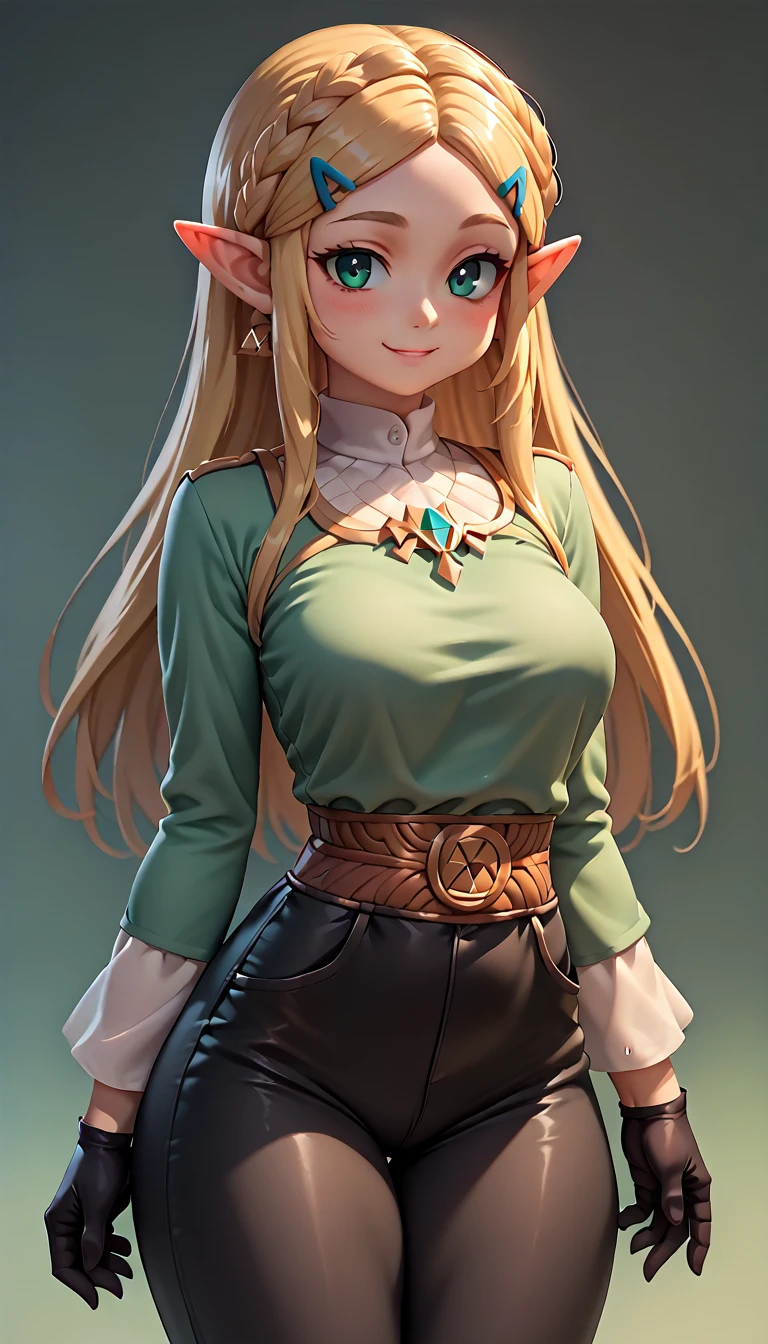 High resolution, Very detailed, perfect lighting, beautiful detailed eyes,   ((masterpiece,Best Quality)), absurdities, alone,     princess zelda, by the width, crown braid, Hair clip, pointy ears, Green shirt, long sleeves, Gloves without fingers, black gloves, Black pants, tight pants, smile, curves, nod,   ,  deep neckline, deep neckline 