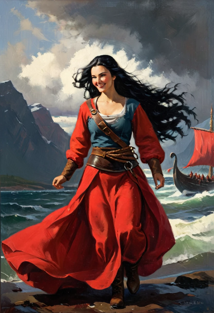 Female portrait, full body, Beautiful Nordic woman, wearing traditional Viking gear,  long black hair flowing in the wind, smiling eyes, Looking at camera, smiling mouth, red dress with a low neckline, acrylic painting, Bold and expressive brushstroke, impressionist style, detailed face, Epic surreal background on a Viking ship, very heavy brush strokes with thick textured paint, Specialized lighting and shadows, High contrast, art painting, Wadim Kashin.