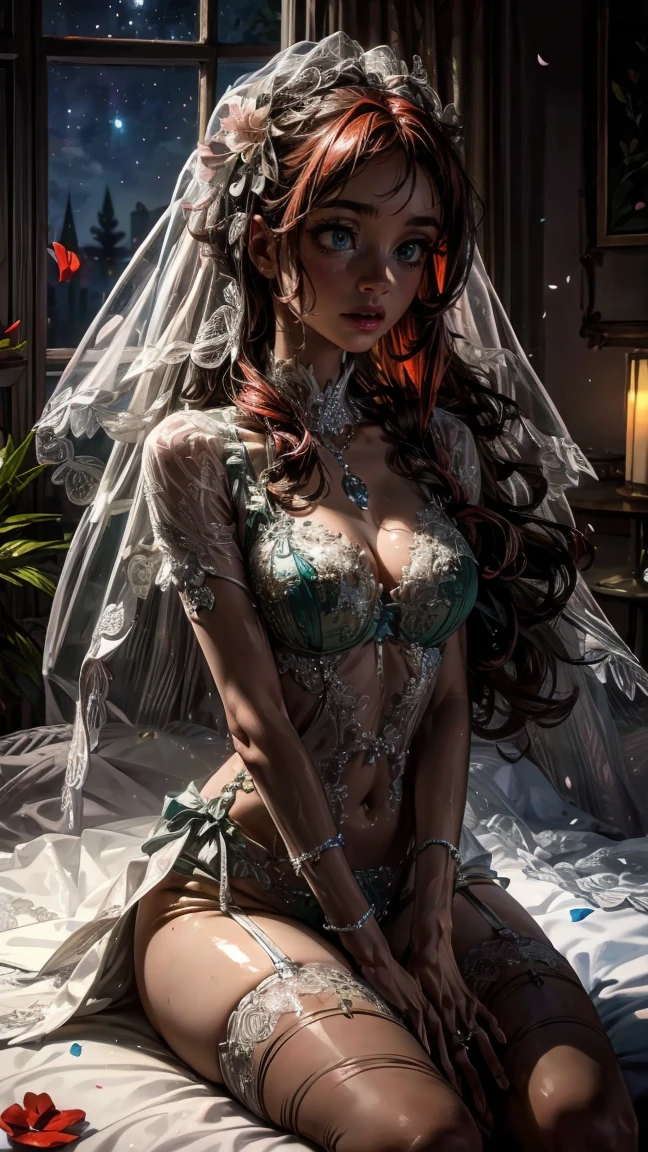 (masterpiece), 1girl, perfect details, expressive eyes, high quality, ((Semi-Realism)), anime studio style, Aisha/Layla, brown skin, dark-skinned female, curly hair, long hair, brown hair, red strips in hair, blue-green eyes ruanyi0263, bridal veil, see-through wedding dress, veil, ((bridal lingerie)), sitting sultry, on a bed, wedding night, romantic scene, ((romance)), flower petals, windows open, ((night-time)), romance, ((sweating profusely)),