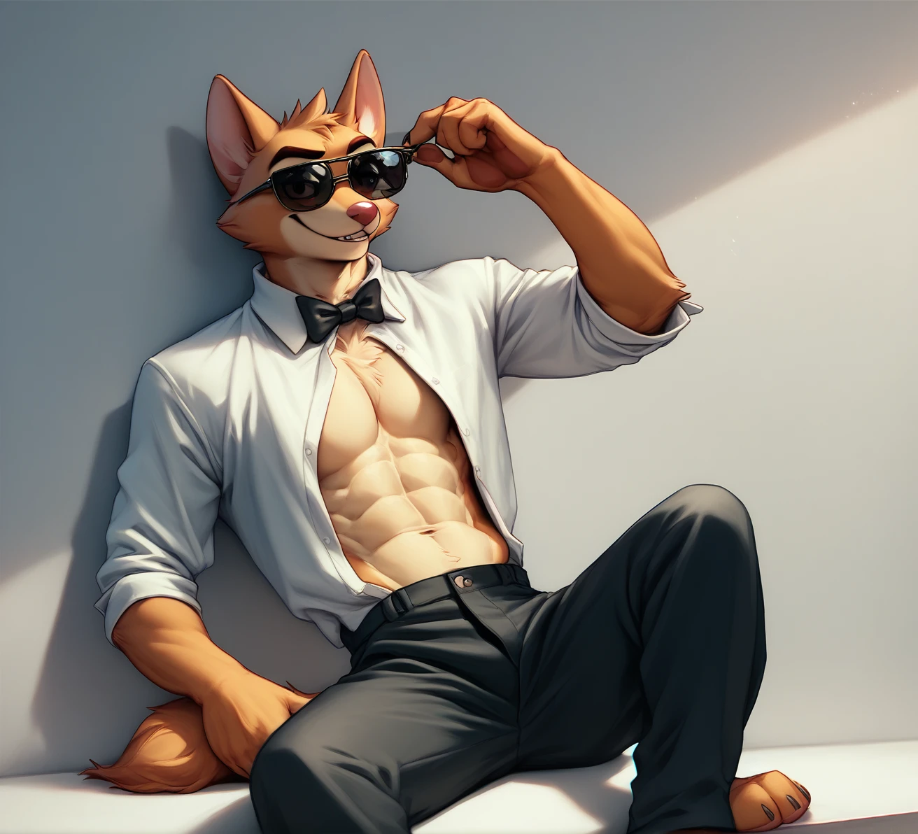 foreground, better, quality, from a: man, alone, furry, antromorfo, lobo,  men's,  abs on the body , with hairstyle (copete),.. attire: Open white suit , Open white shirt,   black dress pants , Black bow tie,  and some sunglasses ,.. bottom: Set, photo shoot,  single white room,.. pose: sitting,  Adjusting the glasses , (cara lateral, ladeado ), smiling at the camera.