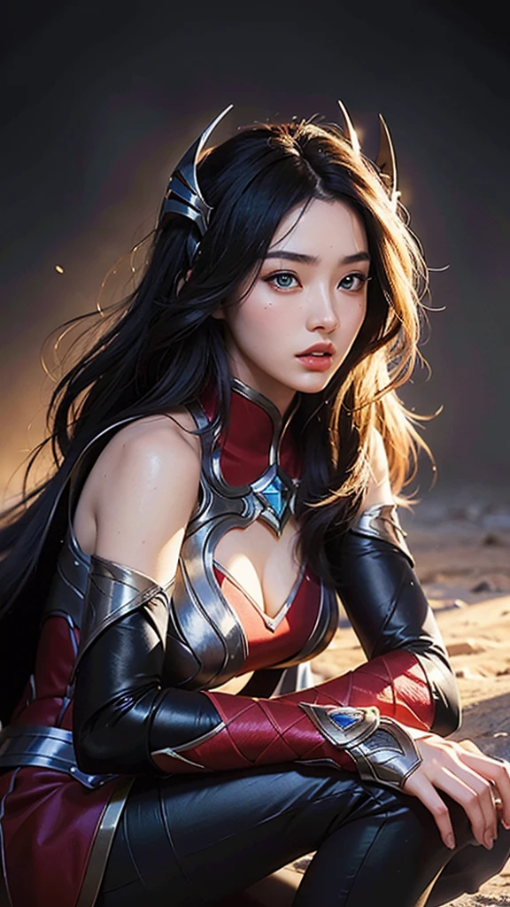 a beautiful young woman, irelia de League of Legends,  extremely detailed face and eyes ,  detailed skin texture ,  detailed hair , Detailed clothing, photorealistic,  intricate details ,  film lighting, epic fantasy,  warm color palette ,  High resolution, 8K,  masterpiece ,  on the battlefield , sexy, very sexy 