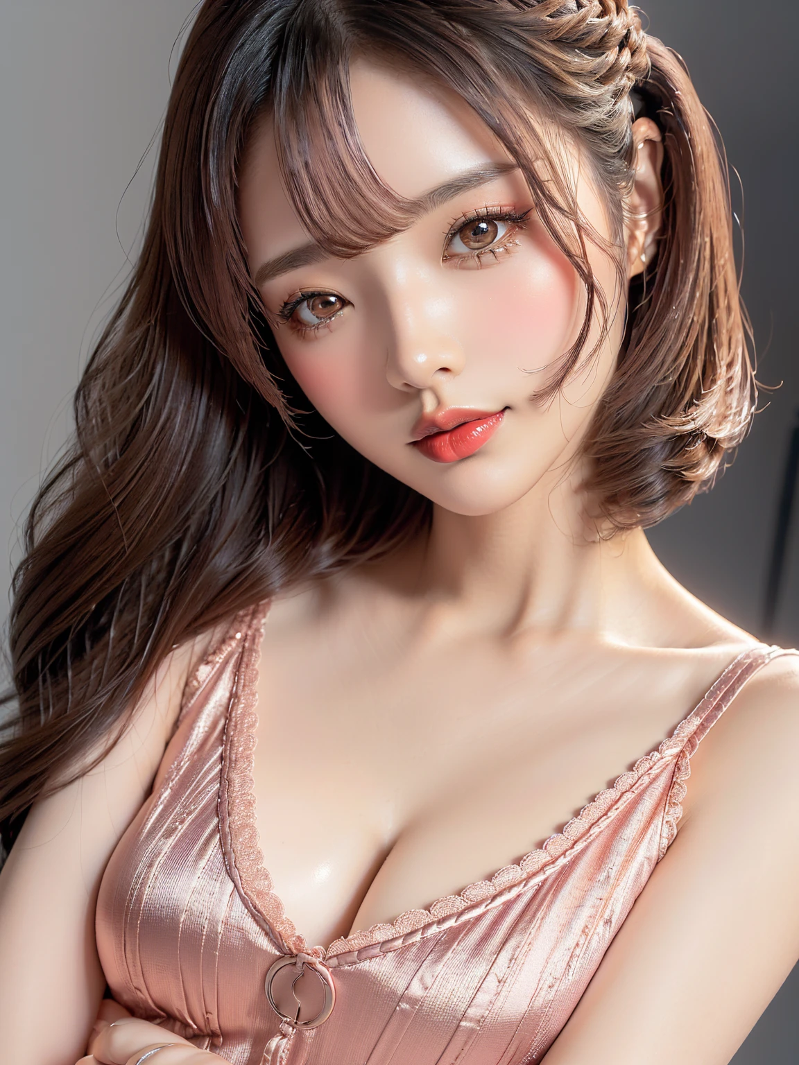 Beautiful breasts,(Neat,     elegant:1.4),,(adult,1.4),(Clear Eyes:1.4),(     very cute:1.2),(Small breasts:1.2),   (((  eyeshadow、Red lipstick ))),A kind smile,    wide shot,(Highly detailed debtace and skin texture:1.4),(Alone:1.3),     best quality    ,masterpiece,   Ultra-fine ,(Realistic:1.3),(8K Ultra HD,RAW Photos:1.2),35mm Lens, debt/1,(Detailed eyes:1.2), double eyelid,( White background : 1.3) ,(Standing pose,debtull body:1.4、knit、     medium distance photo shoot     、(((Place your right hand on your chest 1 .85)))、(((young、、girl)))、 (((  gentle wave hair 1.5 ))) 、(((Clear 1  .5、 ピュア1.5、 ピュア1.5、ピュア1.5)))、Trending Hairstyles、 sexy costume、