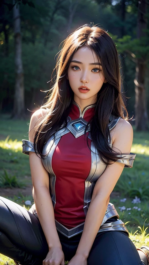 a beautiful young woman, irelia de League of Legends,  extremely detailed face and eyes ,  detailed skin texture ,  detailed hair , Detailed clothing, photorealistic,  intricate details ,  film lighting, epic fantasy,  warm color palette ,  High resolution, 8K,  masterpiece ,  on the battlefield , sexy, very sexy pose 