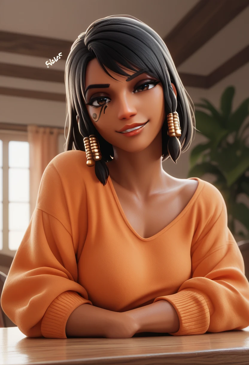 score_9, score_8_up, score_7_up, score_6_up, score_5_up, score_4_up, solo Pharah leans over table,  leaning on table, she supports her head, wide smug smile, high quality motion effects, arched back, detailed face
