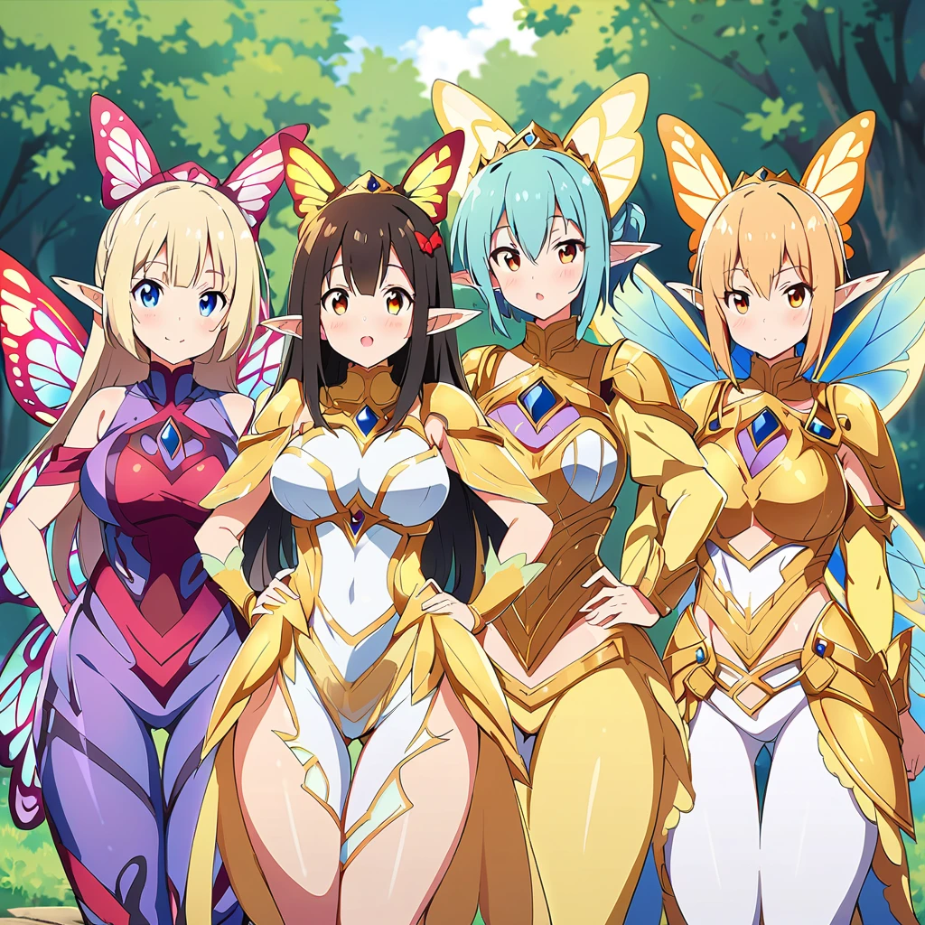 Anime, fairy girls, elf's ears, butterfly's wings, body-armor, detailed body-armors, curvy body, multiple girls,  girls surrounding, background a Golden palace