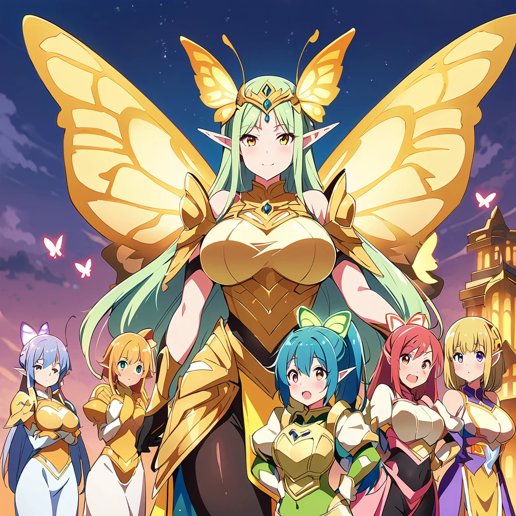 Anime, fairy girls, elf's ears, butterfly's wings, body-armor, detailed body-armors, curvy body, multiple girls,  girls surrounding, background a Golden palace