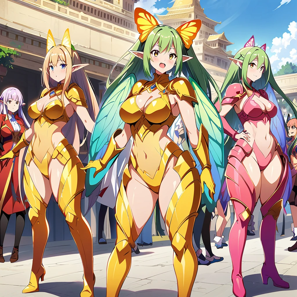 Anime, fairy girls, elf's ears, butterfly's wings, body-armor, detailed body-armors, curvy body, multiple girls,  girls surrounding, background a Golden palace