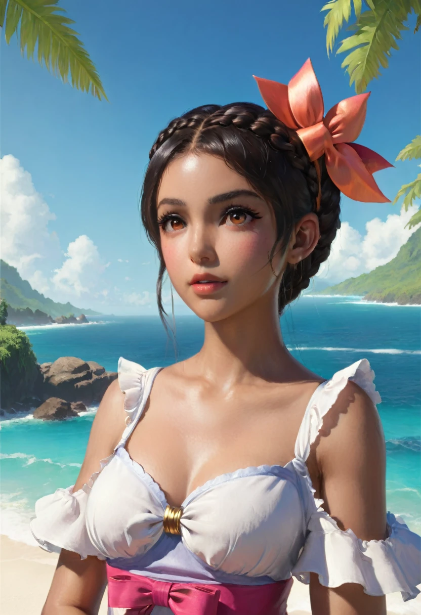 best quality, ultra high res, (photorealistic:1.4), professional lighting, photon mapping, radiosity, physically-based rendering, 1girl, bangs, bare shoulders, belly, black hair, blue sky, bow, braid, building, collarbone, crop top, crop top overhang, crown braid, dark skin, detached sleeves, facing viewer, flower, frilled sleeves, frills, gradient eyes, hair behind ear, hair bow, head tilt, leaf, light blush, long hair, looking at viewer, multicolored eyes, nature, navel, orange bow, palm leaf, palm tree, parted lips, pink eyes, plant, portrait, red flower, shirt, single braid, sky, solo, sunlight, tan, teeth, tree, tropical, upper body, upper teeth, water (elden ring style:1.3), (warhammer style:1.1), concept artist, global illumination, depth of field, splash art, art by artgerm and greg rutkowski and viktoria gavrilenko