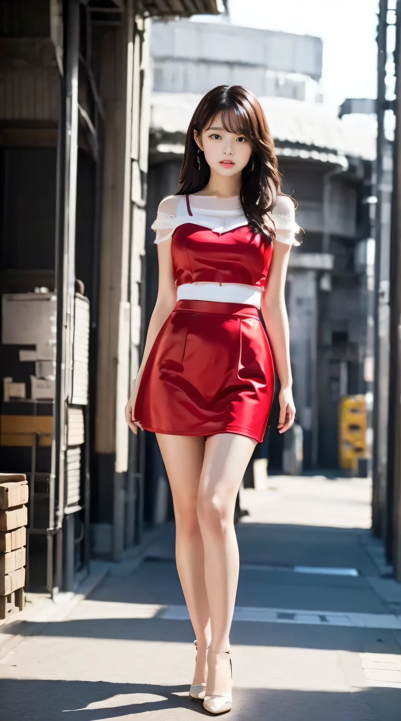  detailed , clear lines , highest quality, masterpiece,Bright Light and Dark Light,Sunset、Canon crystal clear photo  ,（ realistic :1.2）, ( red casual mini skirt dress)、Action poses、Take a full body photo, meticulous smile 、Attractive body shape、Medium-length hair、tunnel