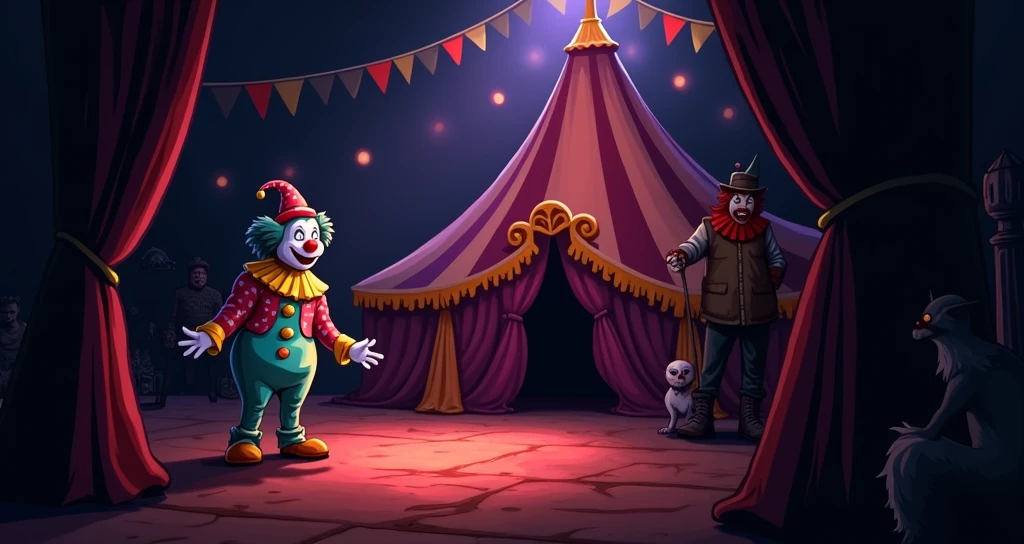 circus, clown, inside tent, main attraction, showcase circus, cel shaded, cartoon, ominous, hand drawn, night coloring, color grading for shading depth, surreal
