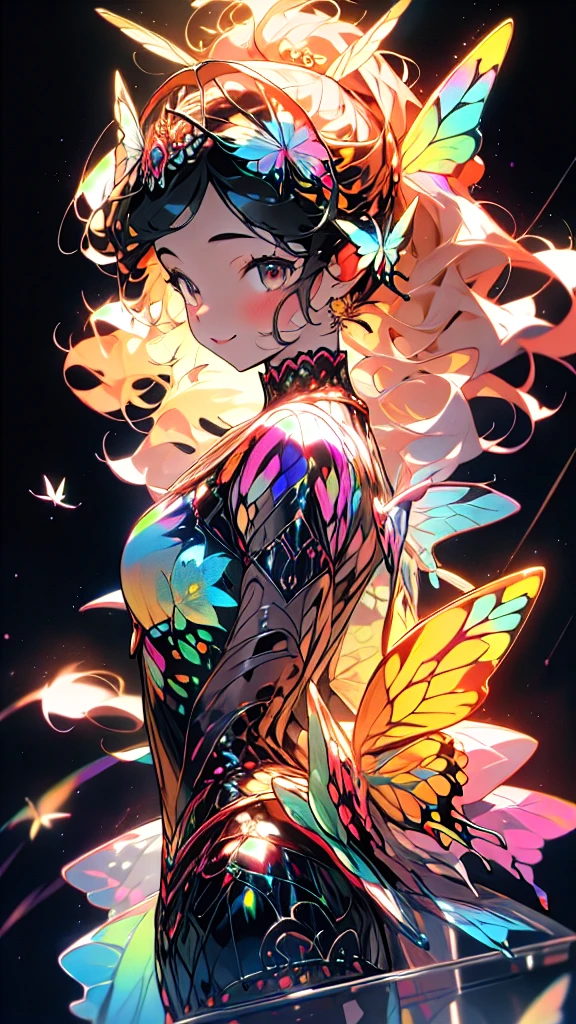 8k, masterpiece, Advanced Details,smile、 Blonde Perm、 ponytail、 intricate design、 Fluffy Material 、Colorful butterflies々The transparent dress 、 Lots of Butterflies々Dance、forest、 fantastic colors 、Look at me、ファンタジックなforest、Dreamy、 with flowers on the head {x} artistic design illustration、ボトルの中に入る。
accurate,  in a bottle ,  close-up , 