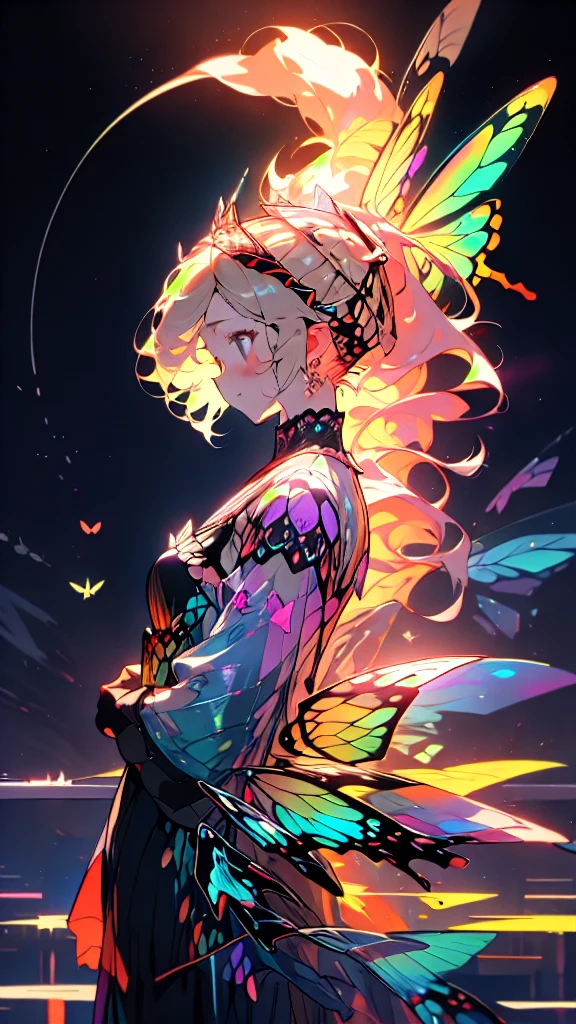 8k, masterpiece, Advanced Details,smile、 Blonde Perm、 ponytail、 intricate design、 Fluffy Material 、Colorful butterflies々The transparent dress 、 Lots of Butterflies々Dance、forest、 fantastic colors 、Look at me、ファンタジックなforest、Dreamy、 with flowers on the head {x} artistic design illustration、
accurate, Night Scenery。Moonlight at night