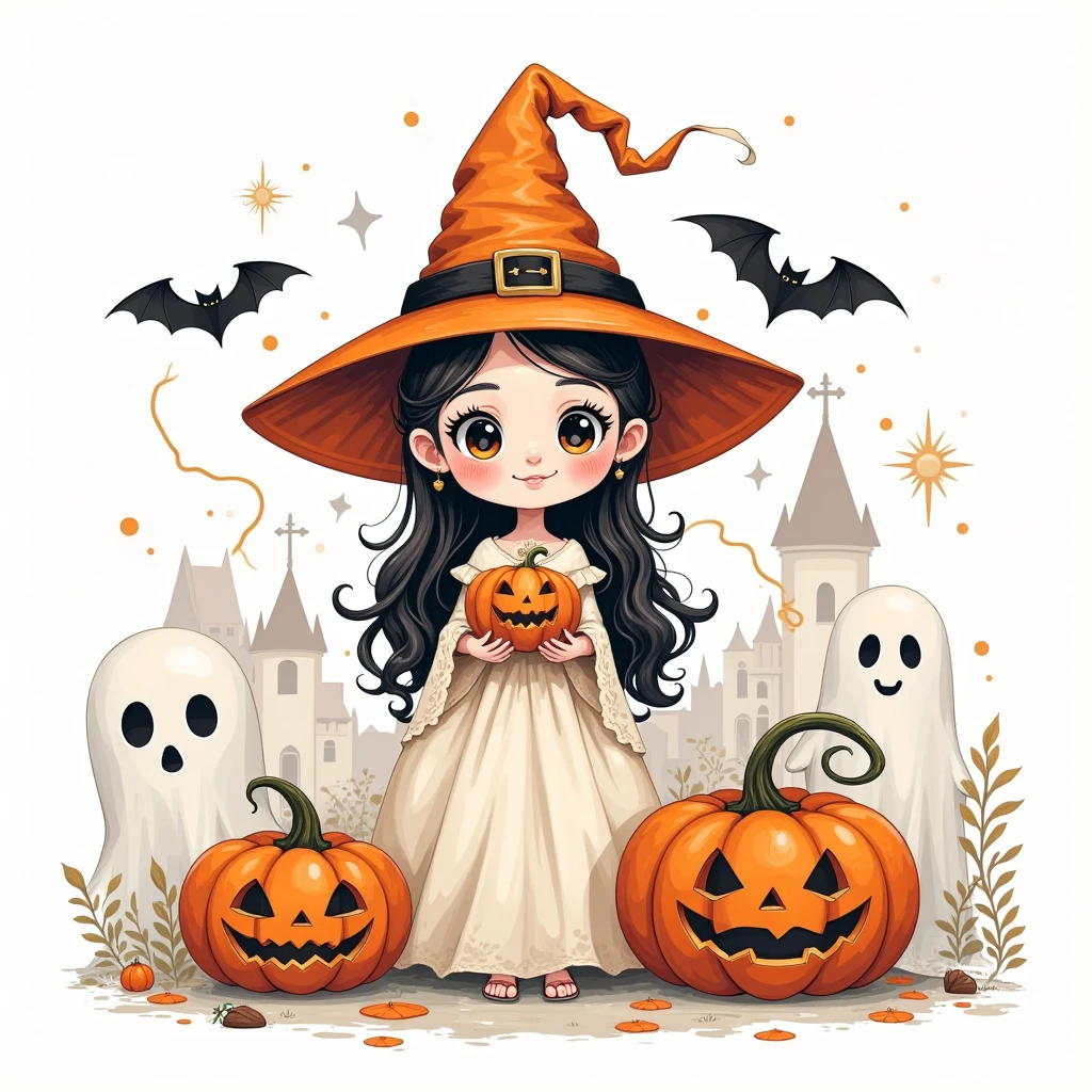 Cartoon illustration style, avatar design, Monet, Rococo, line illustration, hand-drawn illustration, Halloween，Minimalism，Gothic，cute，castle，Atmosphere，Weird， suspenseful ， Ghost Bride ， Skeleton Bride ，Super cute ， Giant Ghost ，Will-O-Wisp，Jack-o&#39;-lantern，bat，thorns，Smoky，Hand drawn illustrations，It's fun，Q version，呆萌cute画风，Warmth，Pure white background