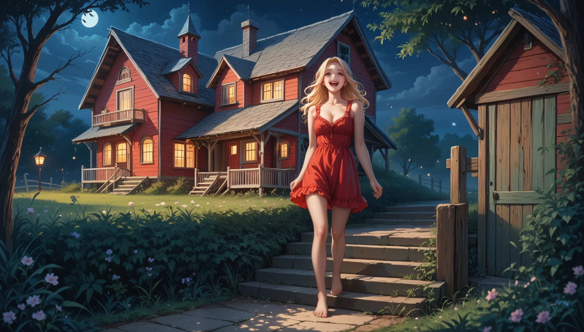 (1girl, solo:1.2, (she's walking down a stair, happy)), (girl is (long blonde hair):1.2, (perfect body), (detailed olive eyes), (wearing red peasant short dress, cleavage, ruffled):1.2, barefoot ), (1house, crop field, night, moonlight), (full body)