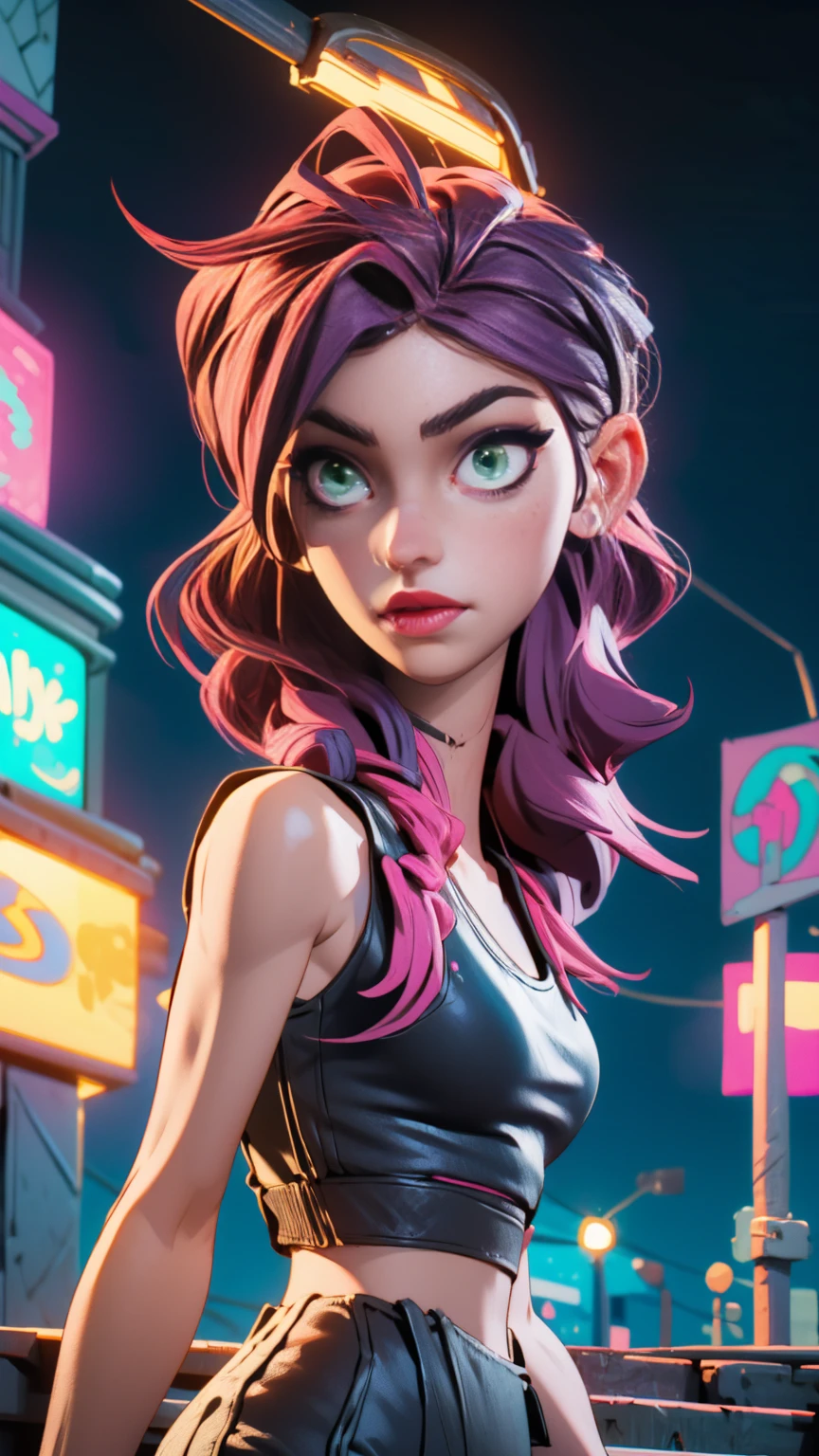 A beautiful young woman with long dark hair, blue eyes, and a confident expression, wearing a white tank top and shorts, standing in an urban setting with skyscrapers and neon lights in the background, 1girl, beautiful detailed eyes, beautiful detailed lips, extremely detailed face and body, street fashion, dynamic pose, urban cyberpunk neon city, cinematic lighting, photorealistic, masterpiece, 8k, high quality, highly detailed