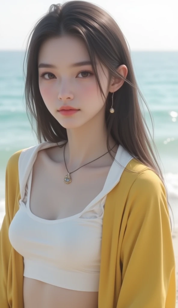 The image features an elegantly painted young Chinese woman with fair, smooth skin standing against a beach backdrop. They have long, dark hair and are wearing a white crop top with a yellow jacket. The individual is adorned with a delicate necklace with a small pendant. Their expression is neutral and they appear to be slightly away from the camera. The lighting suggests it could be early morning or late afternoon, given the softness of the light. No text or additional context is provided within the image itself.