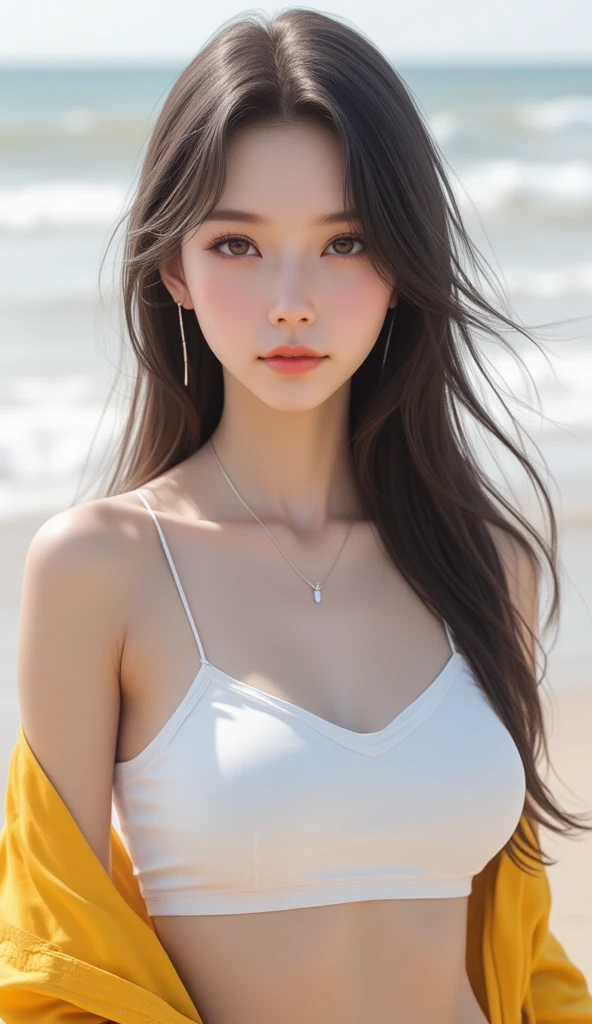 The image features an elegantly painted young Chinese woman with fair, smooth skin standing against a beach backdrop. They have long, dark hair and are wearing a white crop top with a yellow jacket. The individual is adorned with a delicate necklace with a small pendant. Their expression is neutral and they appear to be slightly away from the camera. The lighting suggests it could be early morning or late afternoon, given the softness of the light. No text or additional context is provided within the image itself.