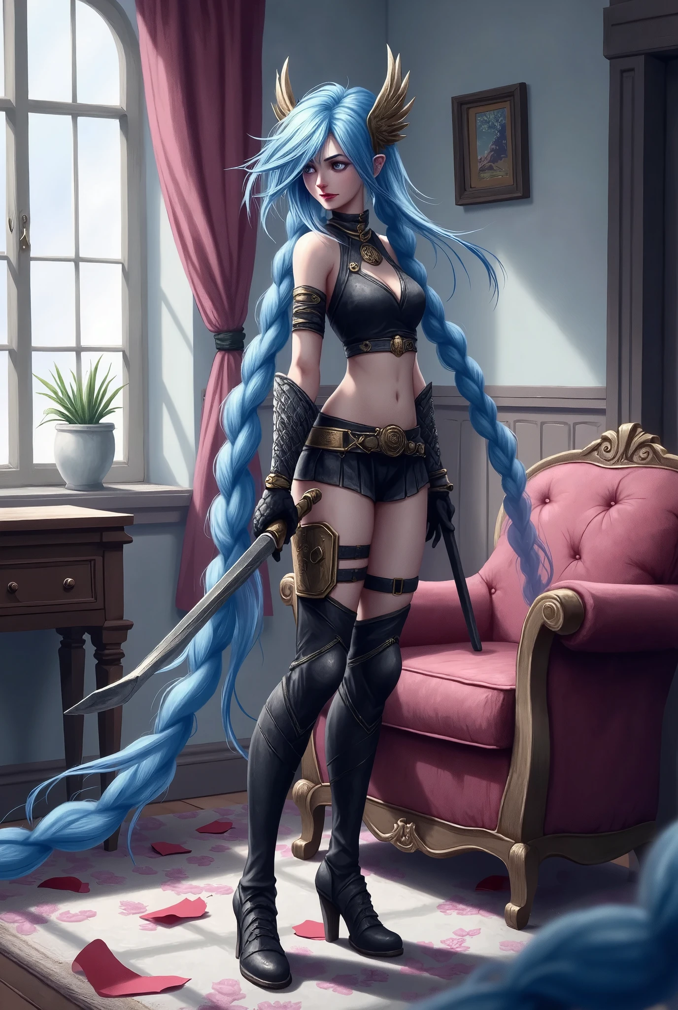 (masterpiece,   best quality:1.2), Jinx，Valkyrie，   1 girl at home, solitary
