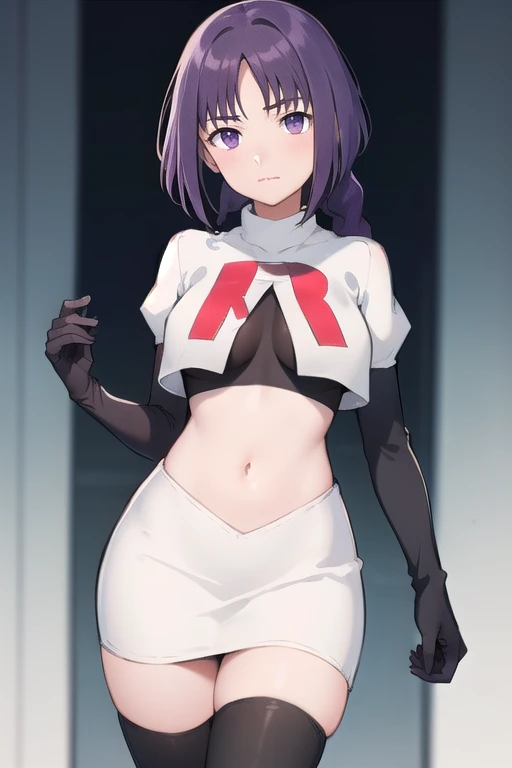 sumire kakei, purple hair,(single braid), lips, closed mouth, 1girl, solo,looking at viewer, medium breasts,(intricately detailed, hyperdetailed), best quality, masterpiece,1 girl, high res,facing viewer, official art, team rocket,team rocket uniform,white skirt,red letter R,crop top,black thigh-highs,black elbow gloves