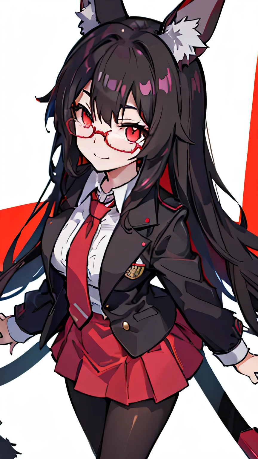 Black semi-long hair,red eye with under rim glasses,school uniform,light smile,from front,pantyhose,aroma therapy,simple backgrounds,fennec ears,standing