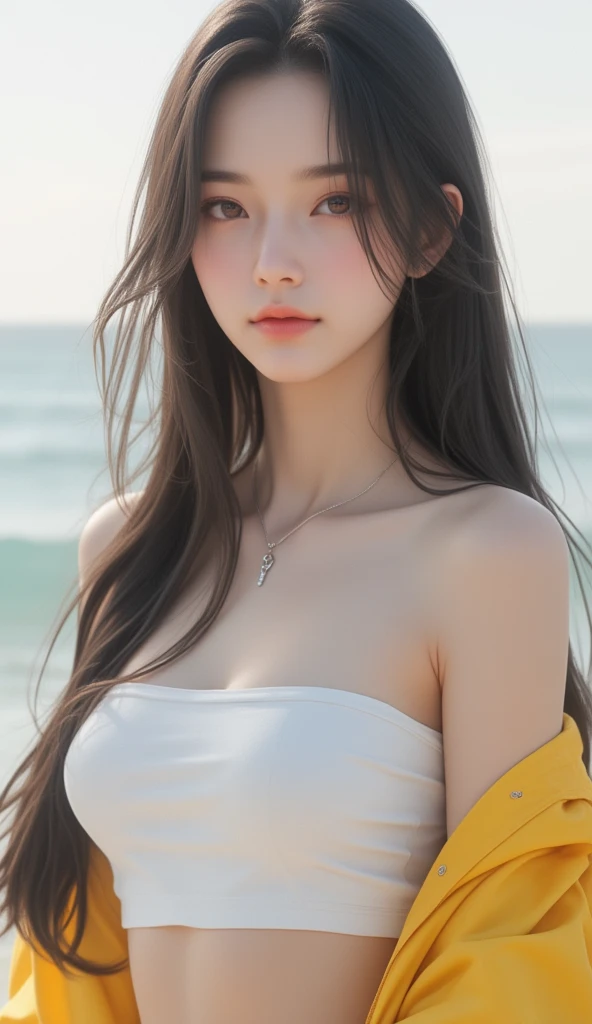 The image features an elegantly painted young Chinese woman with fair, smooth skin standing against a beach backdrop. They have long, dark hair and are wearing a white crop top with a yellow jacket. The individual is adorned with a delicate necklace with a small pendant. Their expression is neutral and they appear to be slightly away from the camera. The lighting suggests it could be early morning or late afternoon, given the softness of the light. No text or additional context is provided within the image itself.