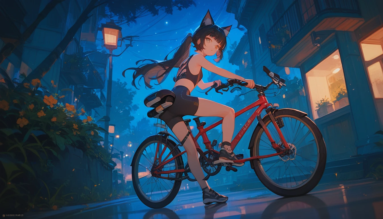 best quality, 1 girl,Cat ears,Coastal,bicycle,the way,night