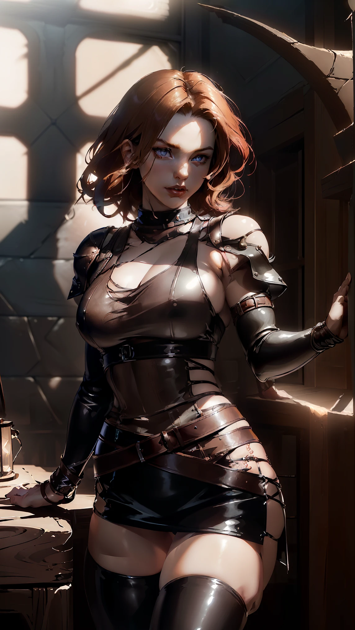 (Masterpiece, highest quality, Best Quality, Beautiful and aesthetic:1.5), full body, seductive red-headed female assassin, wearing a small low-riding leather mini skirt and revealing leather top, belts and straps, daggers sheathed at her sides, (standing confidently in a warmly lit tavern:1.3), dark wood interior with vibrant golden candlelight illuminating the room, warm highlights on her features, gentle reflections on leather, intense and focused expression, (dynamic lighting with soft shadows:1.4), bright moonlight streaming through a window, vibrant color palette, ultra-detailed environment, delicate facial features, alluring and powerful presence.