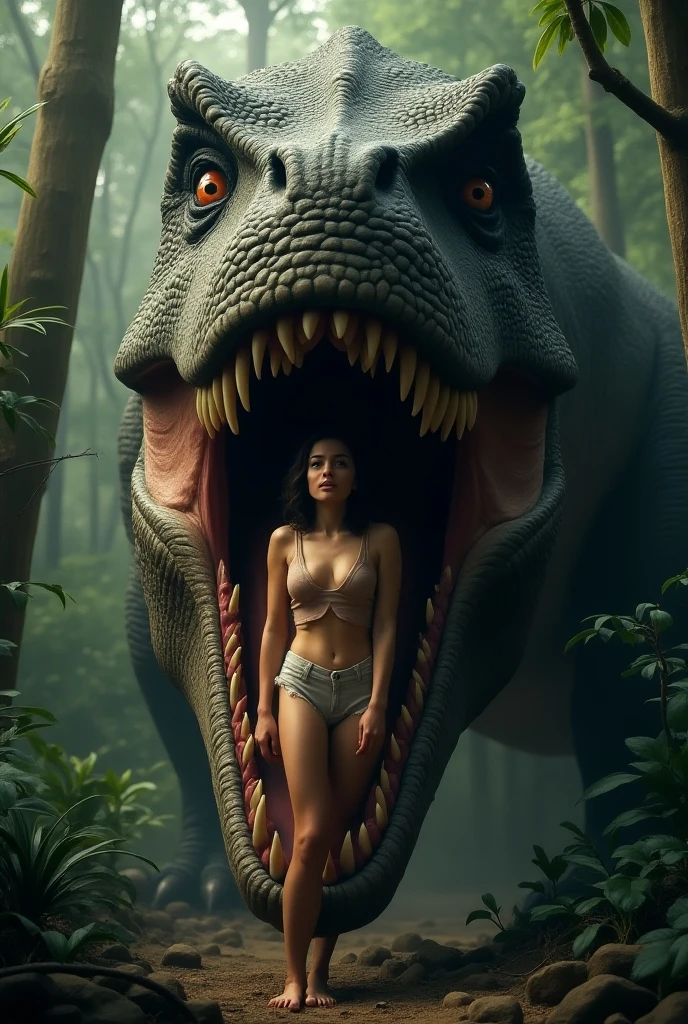 Realistic photo of a beautiful busty brunette woman undressing in a mysterious forest with dinosaurs in the background 