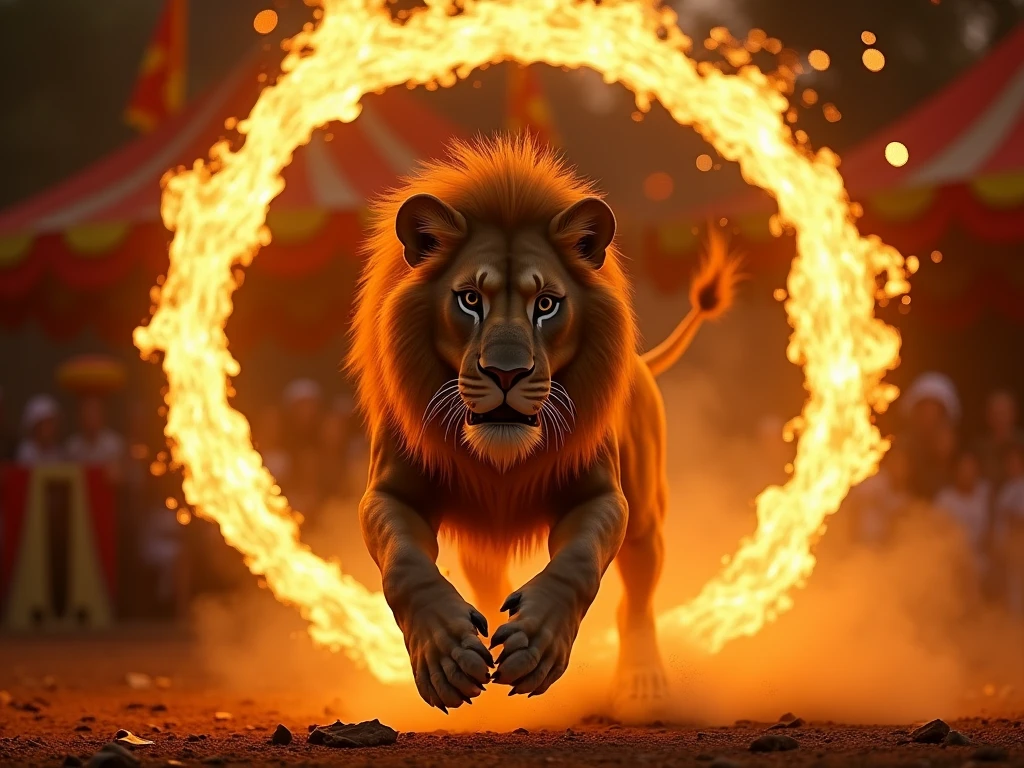 A lion passing through a ring of fire set up in the air under the direction of a circus performer、Beautiful and detailed eyes、Beautiful and detailed lips、 Extremely Detailed Eyes and Faces 、 long eyelashes、 muscular body、 Perfect Outfits 、Bold Stunts 、 Dynamic Action 、dramaticな照明、 bright colors、 Cinematic Composition 、(Best Quality、4K、8k、 Kampala、masterpiece:1.2)、Super fine、(Real、 Photorealistic、 Photorealistic:1.37)、dramatic、Chiaroscuro Lighting、 Moody Atmosphere 、 Circus Tent Backdrop 、Dusty air、dramaticな緊張感、