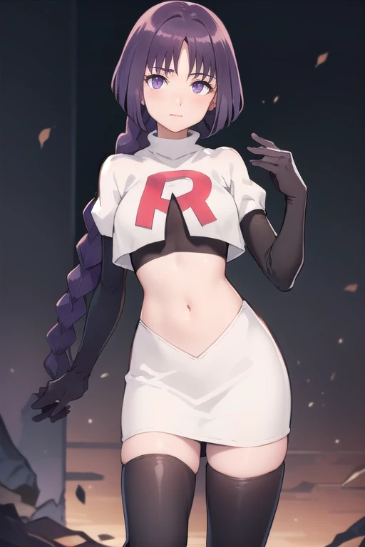 sumire kakei, purple hair,(single braid), lips, closed mouth, 1girl, solo,looking at viewer, medium breasts,(intricately detailed, hyperdetailed), best quality, masterpiece,1 girl, high res,facing viewer, official art, team rocket,team rocket uniform,white skirt,red letter R,crop top,black thigh-highs,black elbow gloves