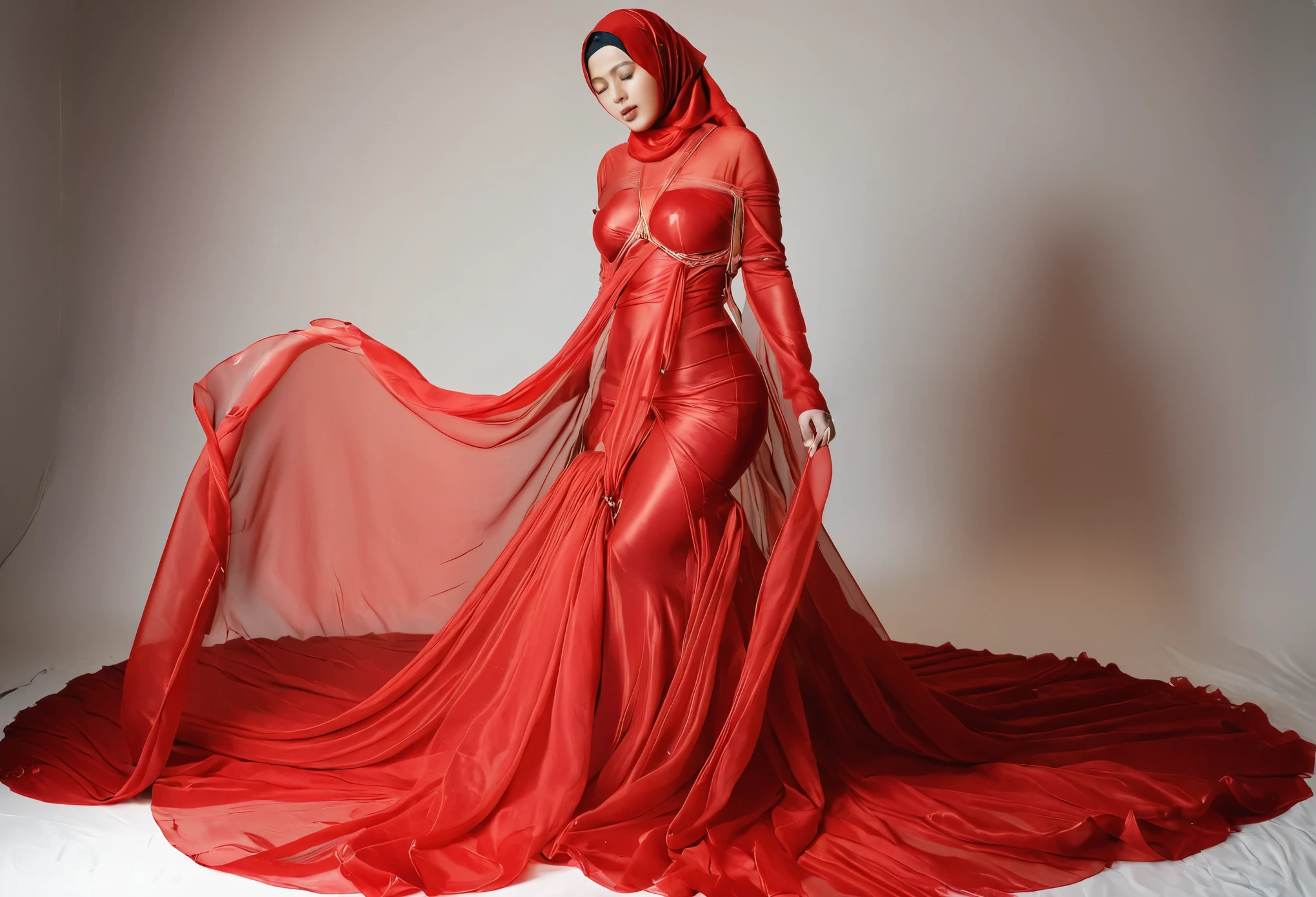 A woman shrouded in a 10-meter-long, plush red transparent silk cloth, slim body with big breast, tightly bound and grandly draping along the form of her body, flowing off into a pooled floor-length train, styled in a mermaid-inspired outfit, her head modestly veiled in a silk hijab, tall woman, strugle to move, tight outfit, sexy pose in photo studio, a full-body pose conveying a sense of mysterious elegance, captured in a 4k resolution, ultra-realistic