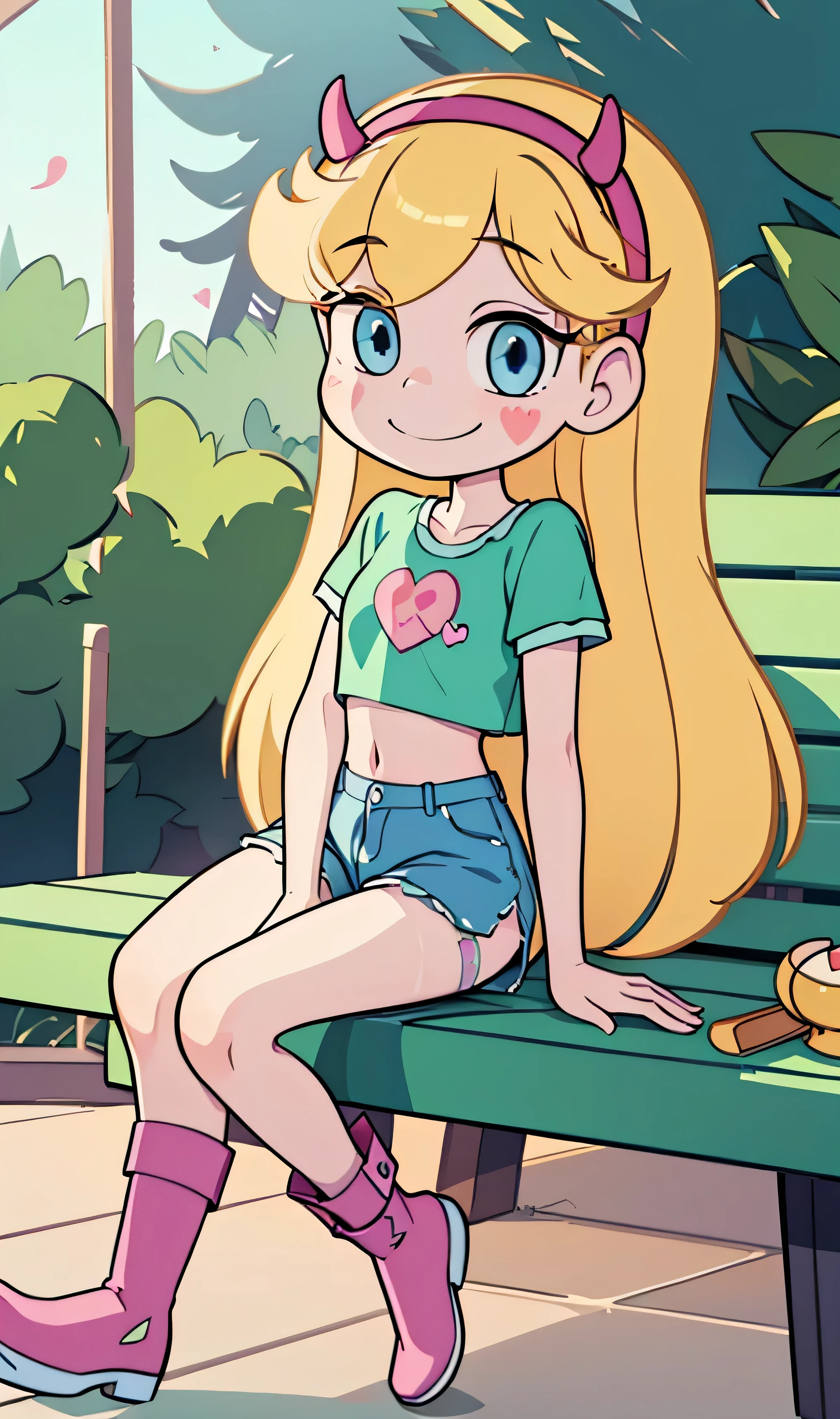  masterpiece , Star Butterfly,  long hair , blonde hair,  headband with red horns, blue eyes, smile,  heart on the cheek ,  full body, slim, breasts, sexy, blush, top green, Crop top, visible wet top , denim shorts, Stockings and Boots, sitting, park bench,  legs apart , 