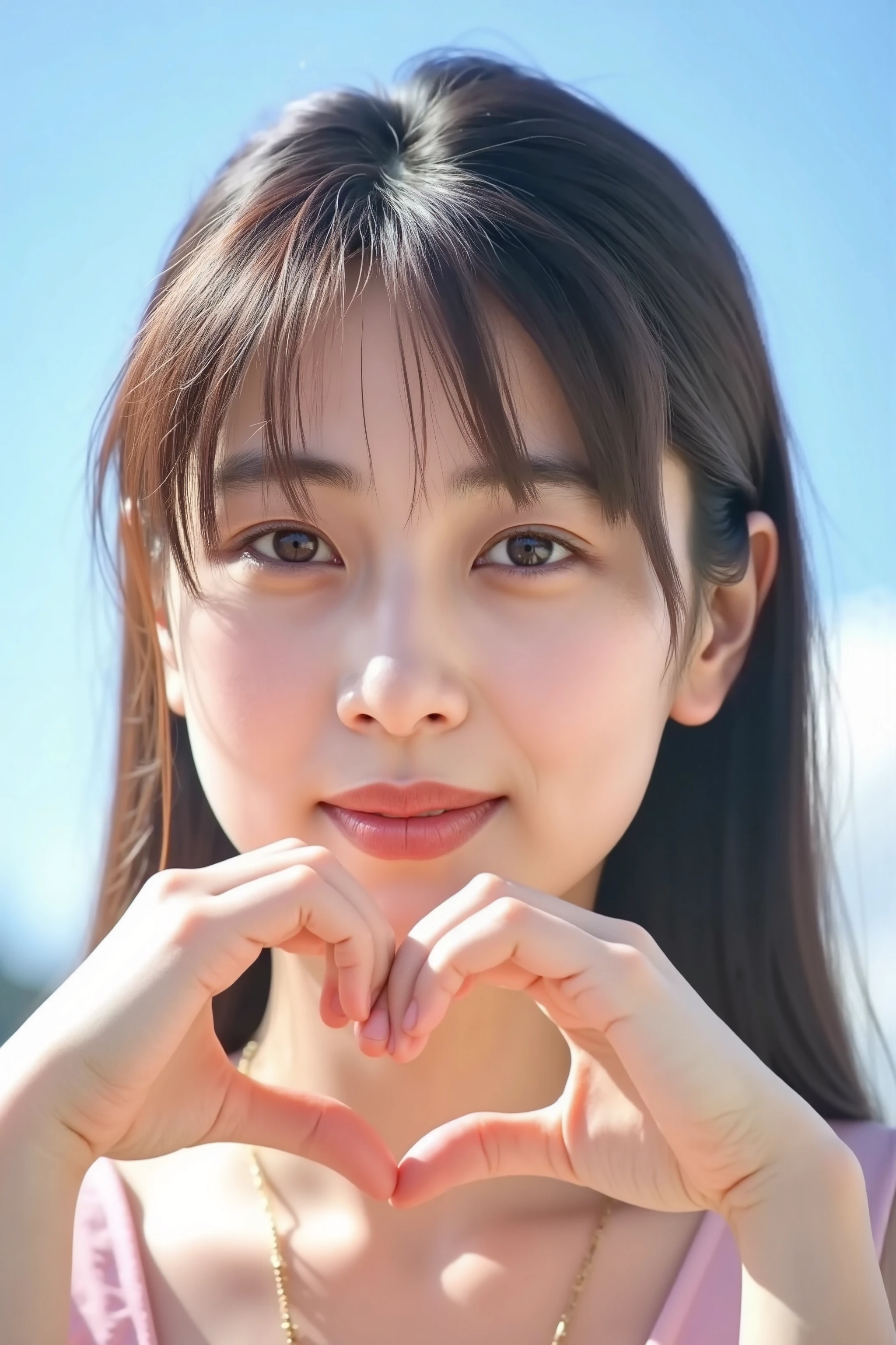 The background is a bright blue sky with a soft blur effect {x} staring at the camera with a slightly shy expression {x} posing with both hands making a firm big heart shape and holding it in front of her chest, Smile:2.0、Tilt your face slightly to the right ;2.1 (Ultra Precise Human Body Structure , best quality 、RAW Photos、8k、32K、masterpiece、Realistic、Realistic:1.37)、Cute Japanese women images、 tank top、Photographed in natural light、 upper body、 1 girl、Photo Mapping、 Physically based rendering wearing pink see-through bodystocking made of thin fabric 、Excellent image quality、 Kampala 、1080P、(Beautiful Face)、(Detailed description of the face)、( Detailed description of the hand setter' muscle area )、(Detailed CG)、Rich details、( great features :1.35)、(Detailed eyes)、 I'm looking forward to your eyes、Delicate clavicle、非常にリアルで詳細な若い女性の upper bodyポートレート。Beautiful skin、 ほっぺの高い部分には柔らかなLight is reflected ます .、 small pores and hair follicles 、 even the smallest blood vessels are visible 。The skin is smooth、Natural flushing of the cheeks、 small pores and hair roots 。 The eyes are large and clear blue、 The iris has fine patterning、 Light is reflected 、 slightly tilted to 。 There is a slight shadow under the eye、 lashes are long and naturally curled 。 Her lips are a soft pink color、 smooth texture and natural shine 、 The woman is wearing a thin fabric camisole.、 The background is a pale monochrome gradient 、焦点は完全に顔と upper bodyに当たっている。Realistic shadows and textures、 photographic depiction .。