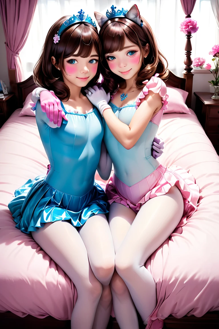 (Style-Princess) (1 man, 1 catgirl) (hetero, couple) (crossdressing, fully clothed) (brown hair, blue eyes) (portrait) (women's clothes only) (women's beautifully feminine skintight velvet floral print frilly girly pink adorable ballet leotards) (white opaque tights, no shoes) (tiaras, pink shoulder-length silk gloves:1.3) (woman's bedroom, four-poster bed) (lying down, hugging, bending knee) (intimacy, playfulness, closeness)