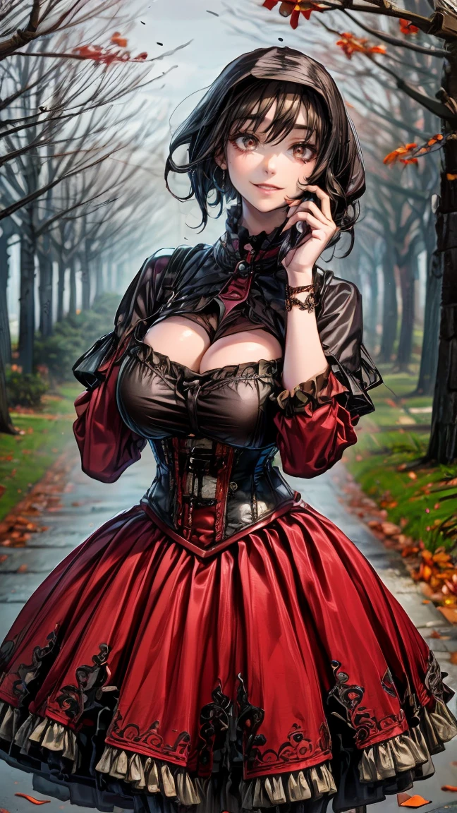 (masterpiece), 1girl, perfect details, expressive eyes, high quality, ((Semi-Realism)), anime studio style, beautiful make-up, fair skin, long eyelashes, red eyes, sultry smile, vampire fangs, long dark hair, headless horsewoman, ((dullahan)), ((holding her head on her hands)), horsewoman clothes, voluptuous body, cleavage, Victorian Style Clothes, corset, beside a ghost horse, woods, dark, depth of field,