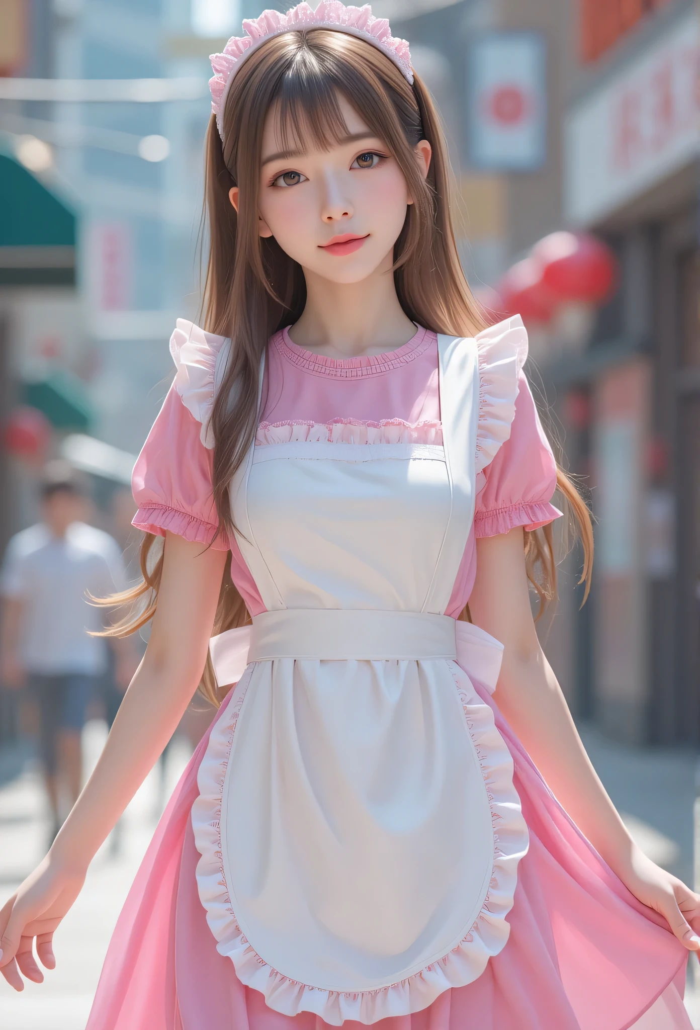 (super cute face:1.2),(sparkling clear attractive large glowing eyes:1.4), (japanese idol face:1.5),very beautiful cute girl, (ten years old:1.2),(baby face:1.4),exquisite smooth and silky long brown hair,fair skin,(happy cheerful smile),professional photography ,(very cute maid costume:1.3) ,beautiful apron and skirt ,walking,in the street,cutez