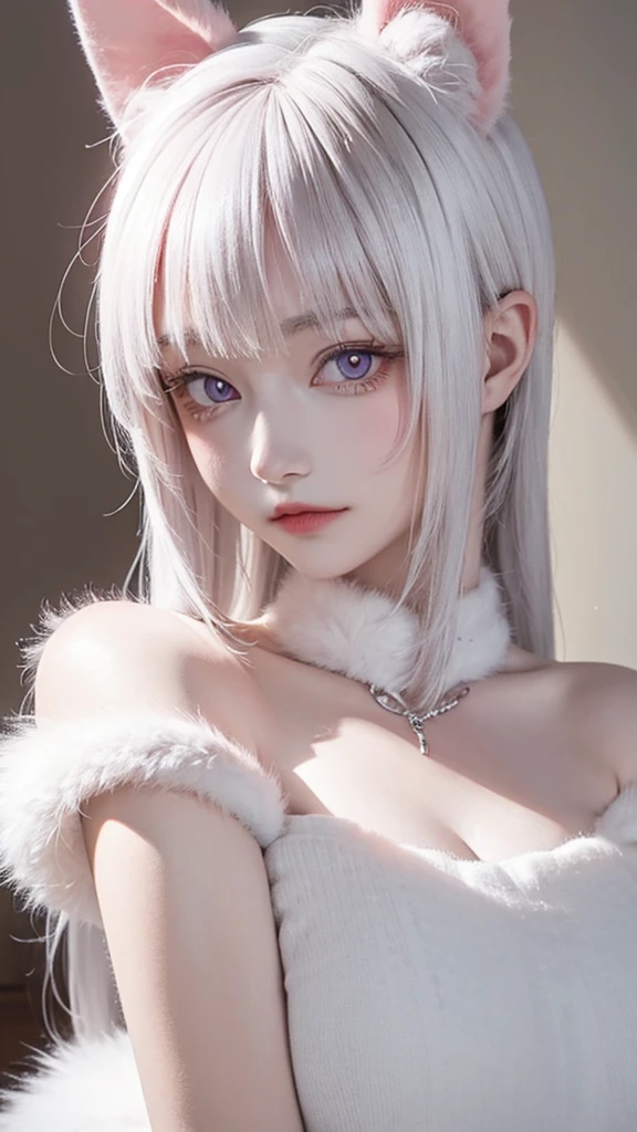 Anime girl cat ears,   There is soft white fluff inside the ear, Her eyes were wide open.，Curious ,   Beautiful Eyes  , White hair,   pink eyes  , Good Art, Nice painting , Fascinating, 4K, 