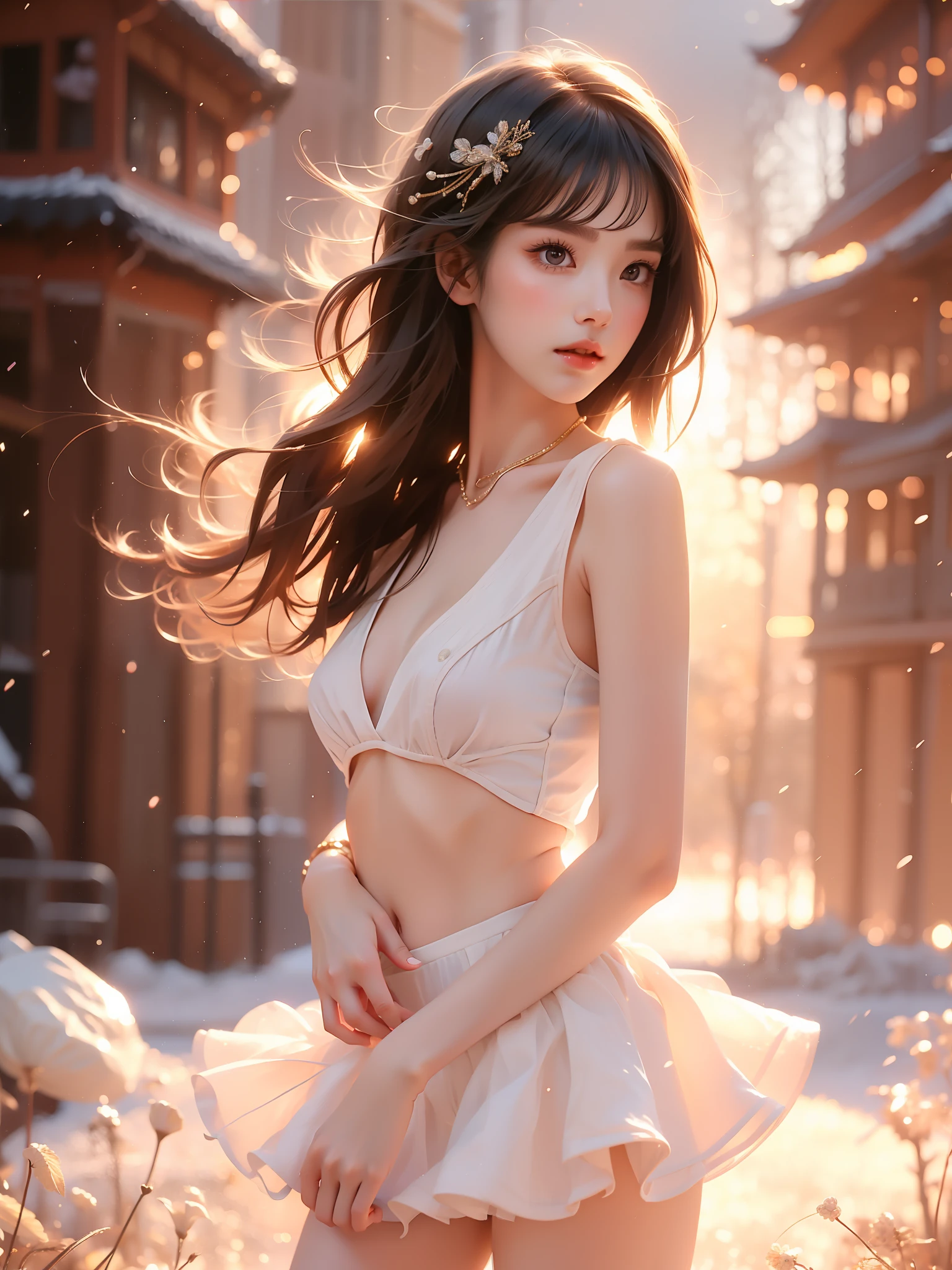 idol clothes , (Asian beauty), ((full body)), ((Natural and elegant posture)), (night, starry sky, space scene), (slim athletic figure: 1.1), (visible cleavage: 0.8), (smooth skin, no deformities: 1.2), relaxed posture, Sexy long legs, The hemlines are short, head tilted, charming smile, hands gently lifted hemline, long shaggy hair flowing, delicate features: (large bright eyes, long eyelashes: 1.1), mouth slightly upturned, expression gentle and confident, (fidelity: 1.1) 1.2), high detail, soft lighting, warm tones