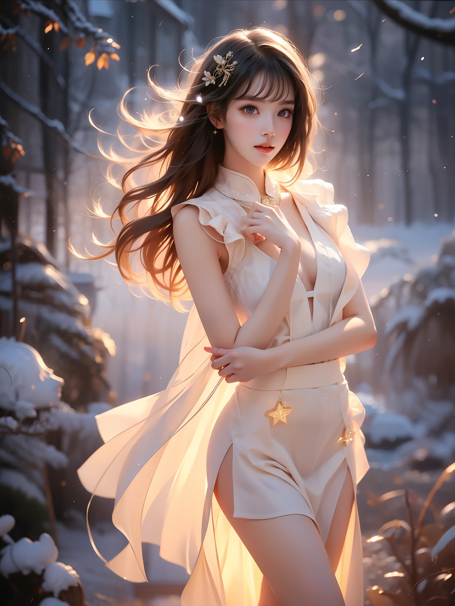 idol clothes , (Asian beauty), ((full body)), ((Natural and elegant posture)), (night, starry sky, space scene), (slim athletic figure: 1.1), (visible cleavage: 0.8), (smooth skin, no deformities: 1.2), relaxed posture, Sexy long legs, The hemlines are short, head tilted, charming smile, hands gently lifted hemline, long shaggy hair flowing, delicate features: (large bright eyes, long eyelashes: 1.1), mouth slightly upturned, expression gentle and confident, (fidelity: 1.1) 1.2), high detail, soft lighting, warm tones