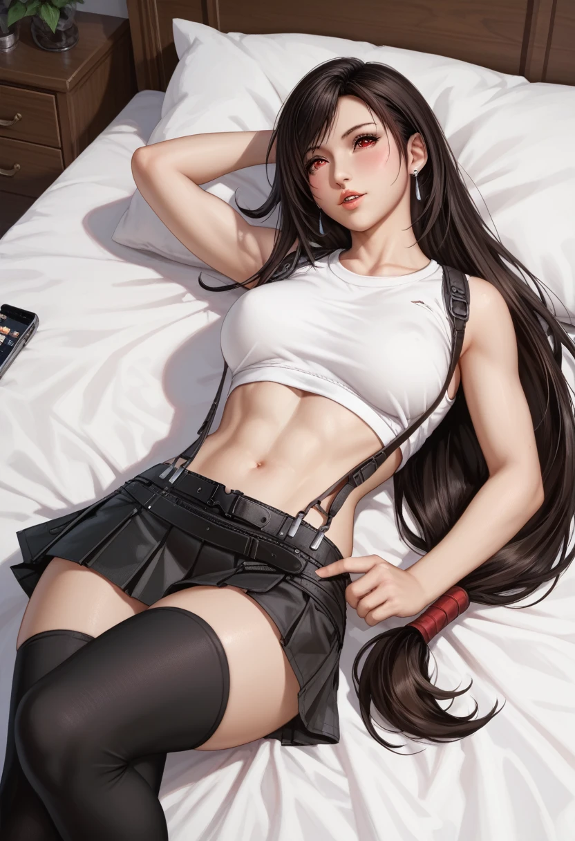 (masterpiece,Highest quality,Ultra-high resolution),(((A very beautiful girl))), age 25, 7rtifa, red eyes, low-tied long hair, earrings, white crop top, suspenders, pleated miniskirt, black thighhighs, seductive pose, sexy pose, blush, parted lips, lying on bed, sci-fi bedroom, from above