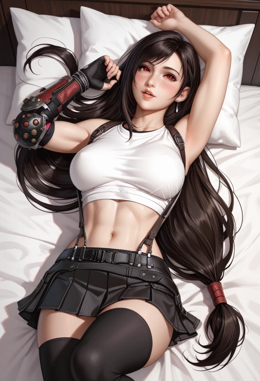 (masterpiece,Highest quality,Ultra-high resolution),(((A very beautiful girl))), age 25, 7rtifa, red eyes, low-tied long hair, earrings, white crop top, suspenders, pleated miniskirt, black thighhighs, seductive pose, sexy pose, blush, parted lips, lying on bed, sci-fi bedroom, from above