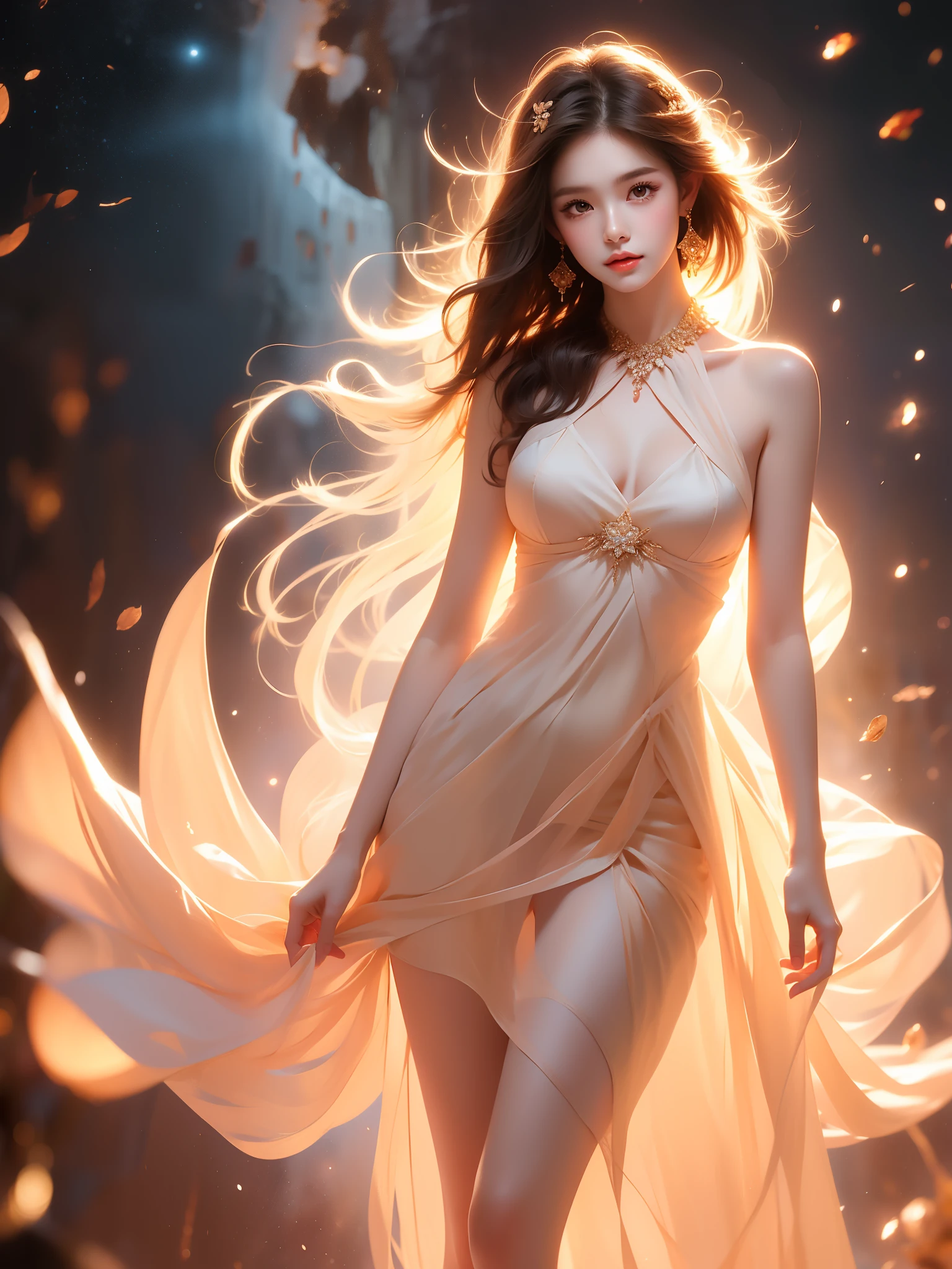  (Asian beauty), ((full body)), ((Natural and elegant posture)), (night, starry sky, space scene), (slim athletic figure: 1.1), (visible cleavage: 0.8), (smooth skin, no deformities: 1.2), relaxed posture, Sexy long legs, The hemlines are short, head tilted, charming smile, hands gently lifted hemline, long shaggy hair flowing, delicate features: (large bright eyes, long eyelashes: 1.1), mouth slightly upturned, expression gentle and confident, (fidelity: 1.1) 1.2), high detail, soft lighting, warm tones