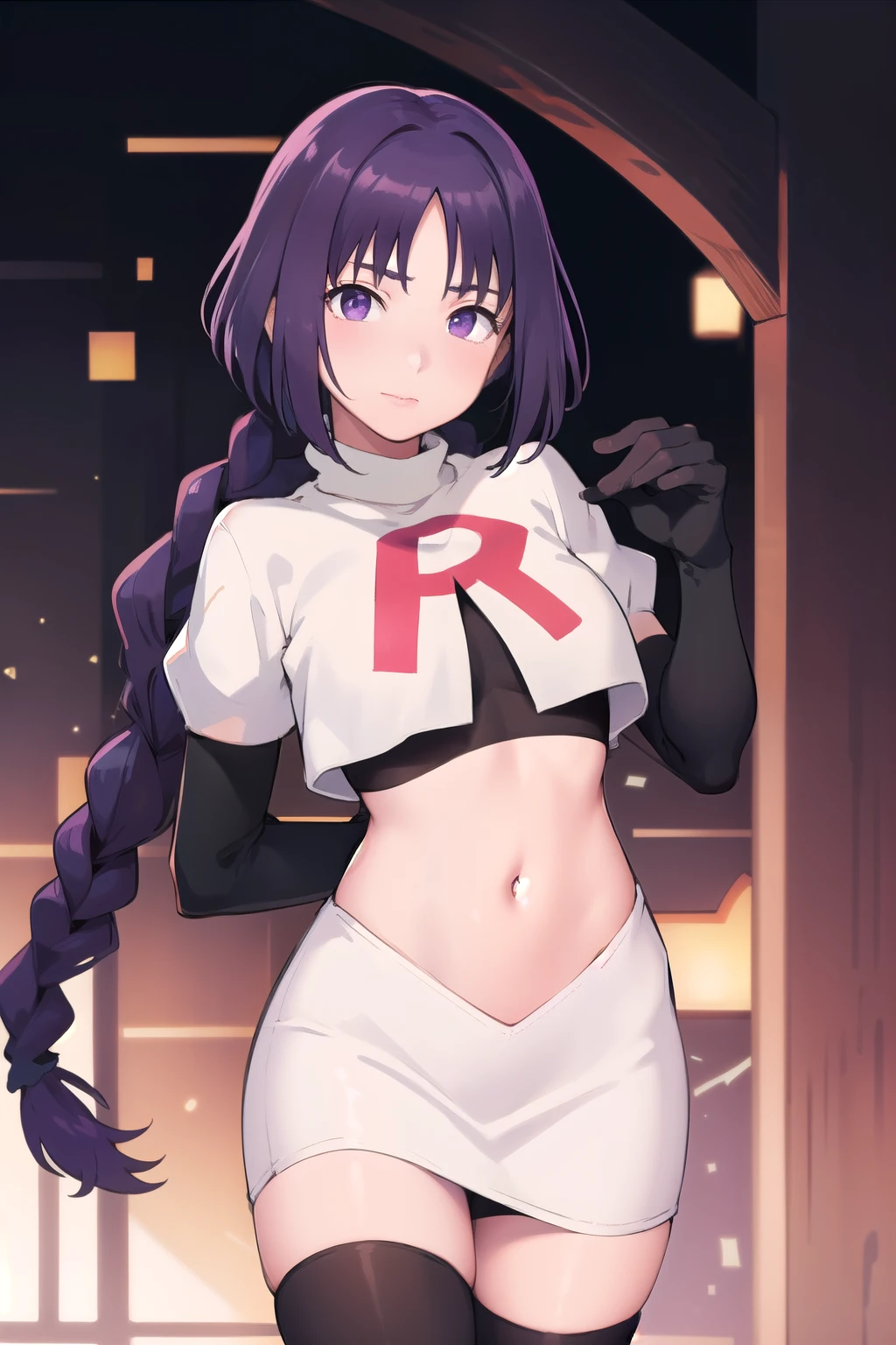 sumire kakei, purple hair,(single braid), lips, closed mouth, 1girl, solo,looking at viewer, medium breasts,(intricately detailed, hyperdetailed), best quality, masterpiece,1 girl, high res,facing viewer, official art, team rocket,team rocket uniform,white skirt,red letter R,crop top,black thigh-highs,black elbow gloves