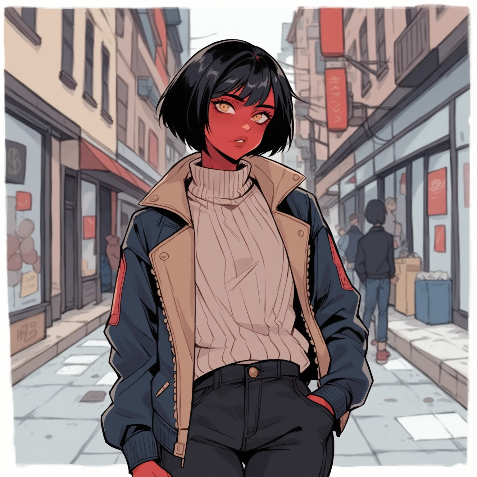 Redna comics,****ung woman, average and athletic build, 1m75 tall,red skin,average musculature, slim muscular, short black hair cut in a bob, amber eyes, hip hop streetwear clothing style,jacket and big sweater,black baggy slim jeans, illustration ,full body, street in background
