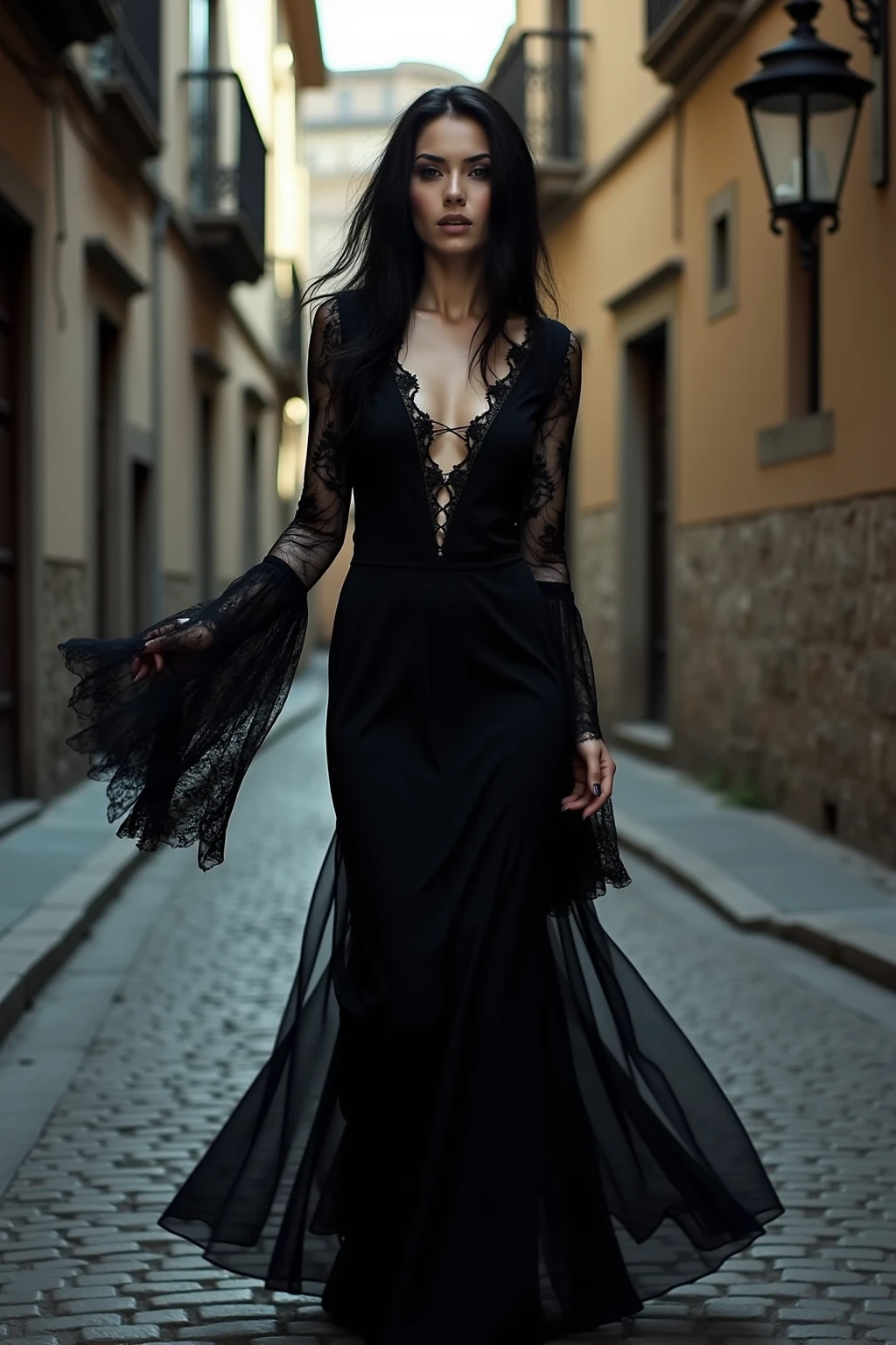 Photograph of a sensual woman, extremely long black hair, goth makeup, medieval-style black lace bell-sleeves dress, walking on a street in medieval Toledo. 