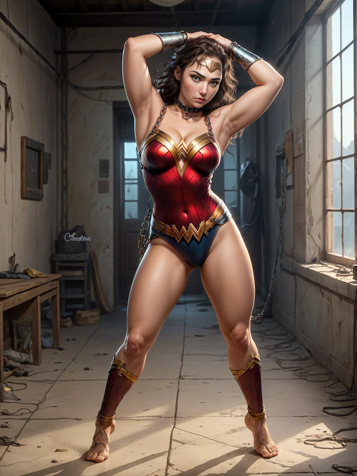 Very sexy picture, a girl, full body, 
Gal Gadot playing the city zatanna, full body picture, very beautiful face, seductive eyes, charming smile, her huge breasts as big as a watermelon, super big hips and ass, bikini uniform, Delicate face, rich environmental content, two legs plump and slender to seduce man, no shoes, legs apart, thong, outline clear camel toes, 1girl, beautiful girl, wonder woman, skirt, hanging, full body, (close eyes:1.3, weak, powerless, sleep), bruises body, (((shackles)), ((shackles and arms up, chain leads, metal collar, wrists tied)), bondage, slavery, restraint, (basemend wall backgroun, dirty, dark, creepy), best quality, masterpiece, arms up, comic style, cartoon source ,high quality painting, 8K,